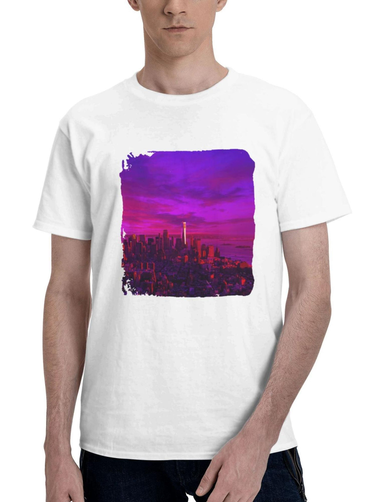 City Synthwave Morning Vibe 180G 100% Cotton Printed Round Neck Short-Sleeve T-Shirt, Gifts for Men Dad Husband Grandpa, S-XXXL, White