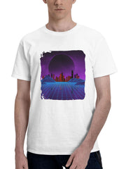City Synthwave Retro Grid 180G 100% Cotton Printed Round Neck Short-Sleeve T-Shirt, Gifts for Men Dad Husband Grandpa, S-XXXL, White