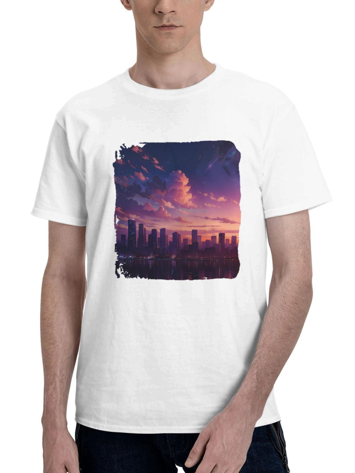 Cityscape Buildings 180G 100% Cotton Printed Round Neck Short-Sleeve T-Shirt, Gifts for Men Dad Husband Grandpa, S-XXXL, White