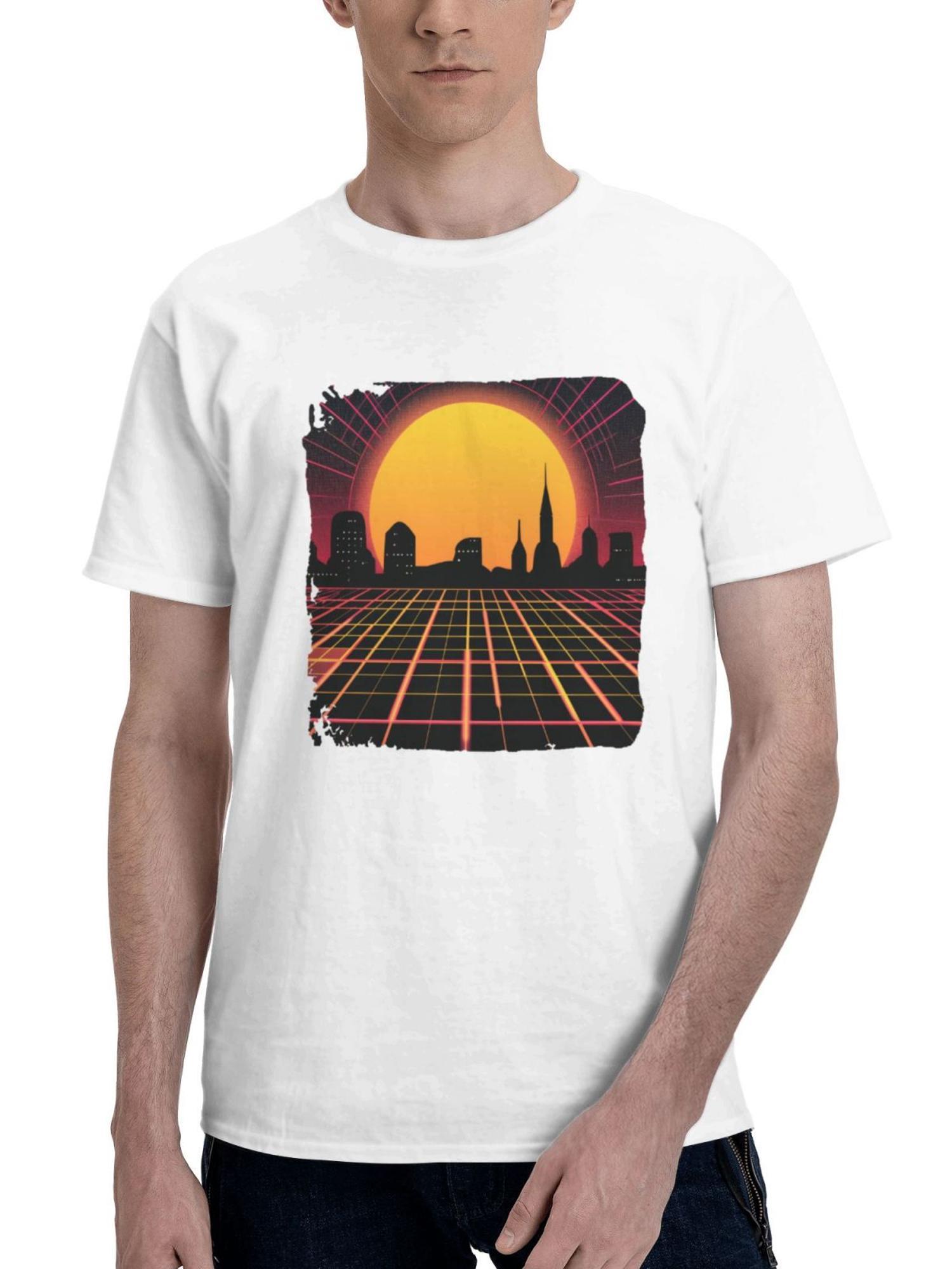 Cityscape Futuristic Retro 180G 100% Cotton Printed Round Neck Short-Sleeve T-Shirt, Gifts for Men Dad Husband Grandpa, S-XXXL, White
