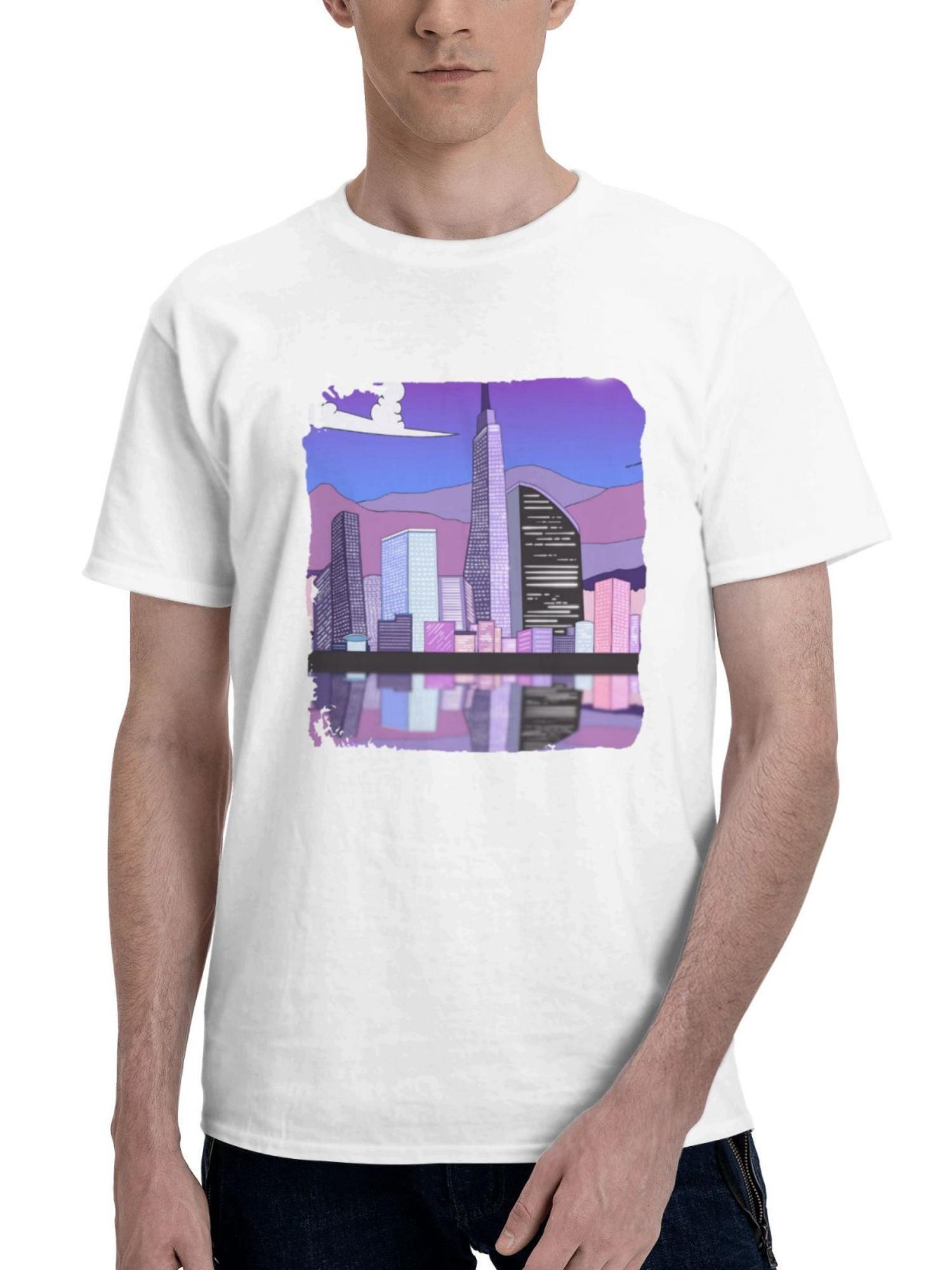 Cityscape Neon 180G 100% Cotton Printed Round Neck Short-Sleeve T-Shirt, Gifts for Men Dad Husband Grandpa, S-XXXL, White
