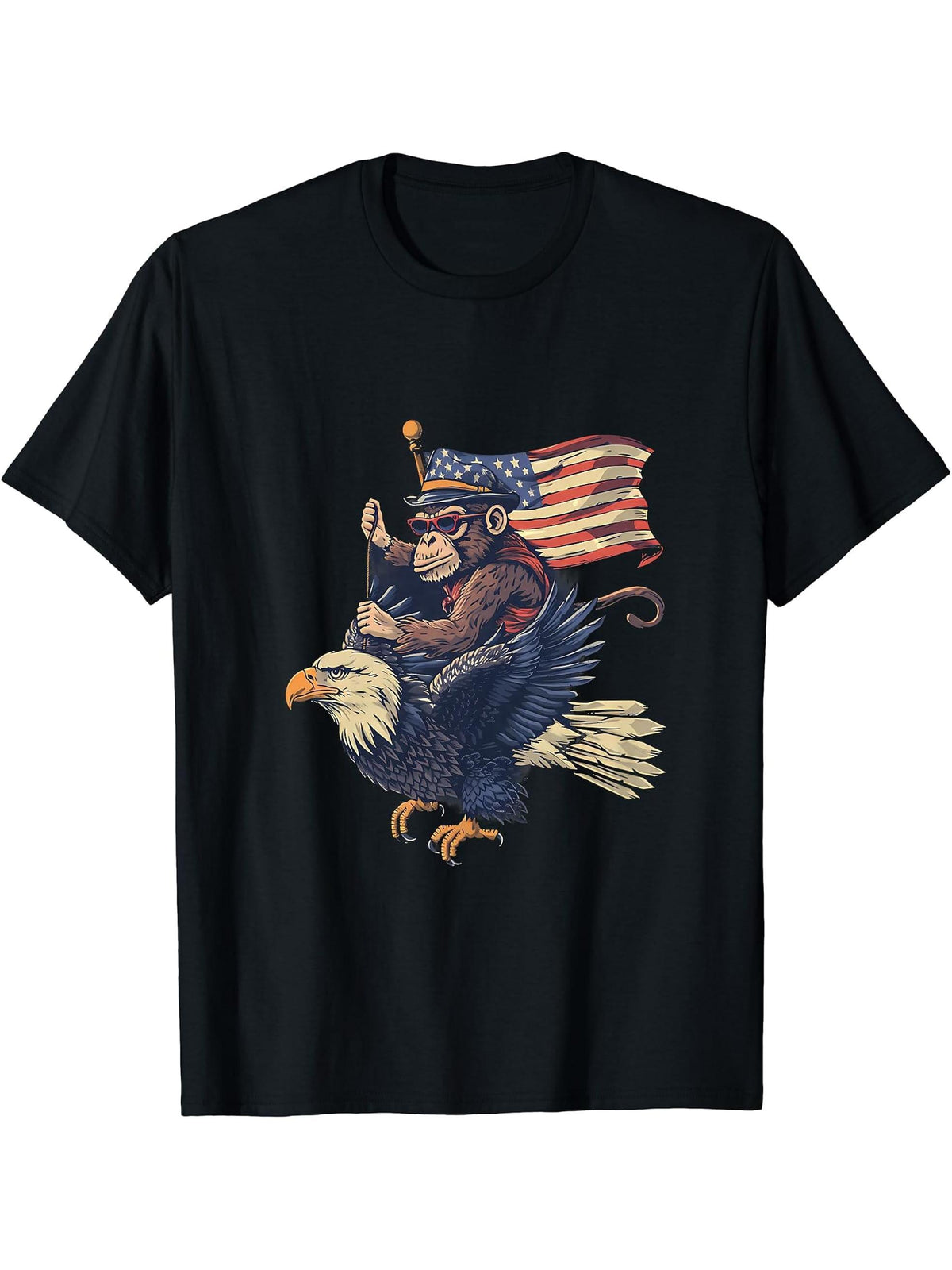 Funny Monkey Bald Eagle American Flag Fourth Of July USA T-Shirt 180G 100% Cotton Printed Round Neck Short-Sleeve T-Shirt, Gifts for Men Dad Husband Grandpa, S-XXXL, Black