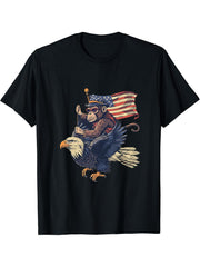 Funny Monkey Bald Eagle American Flag Fourth Of July USA T-Shirt 180G 100% Cotton Printed Round Neck Short-Sleeve T-Shirt, Gifts for Men Dad Husband Grandpa, S-XXXL, Black