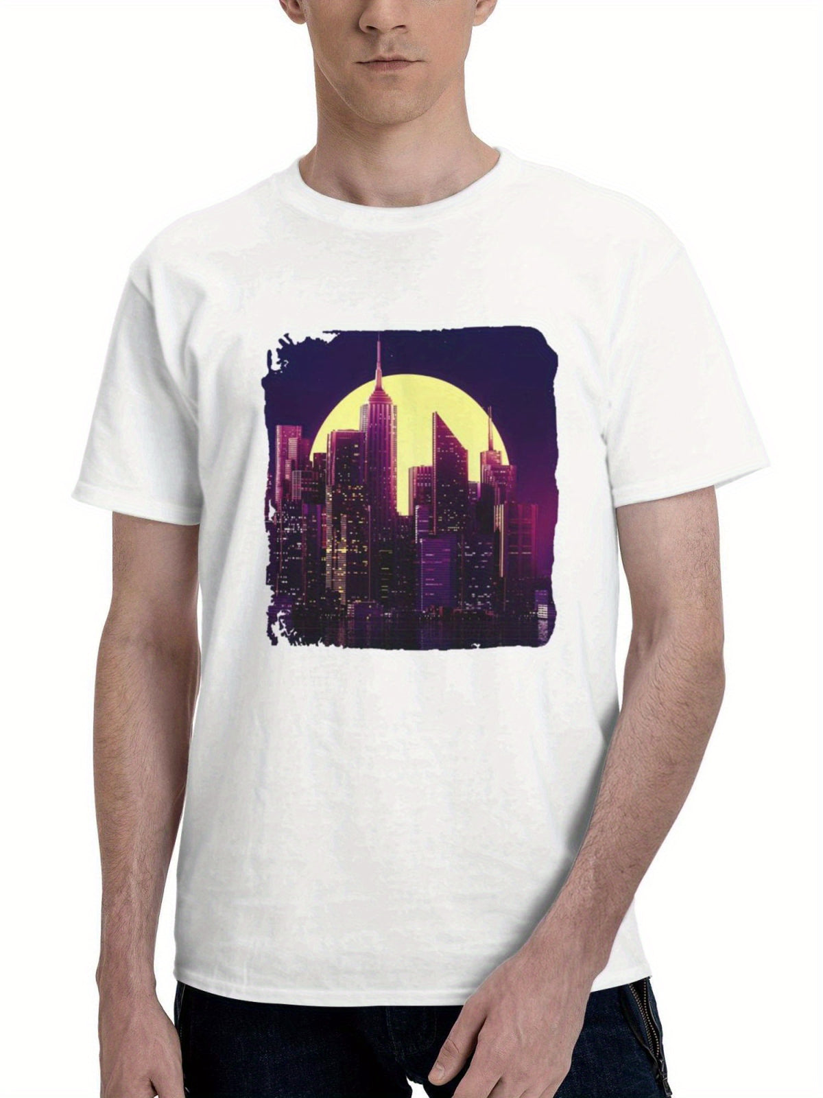 Cityscape Night 180G 100% Cotton Printed Round Neck Short-Sleeve T-Shirt, Gifts for Men Dad Husband Grandpa, S-XXXL, White