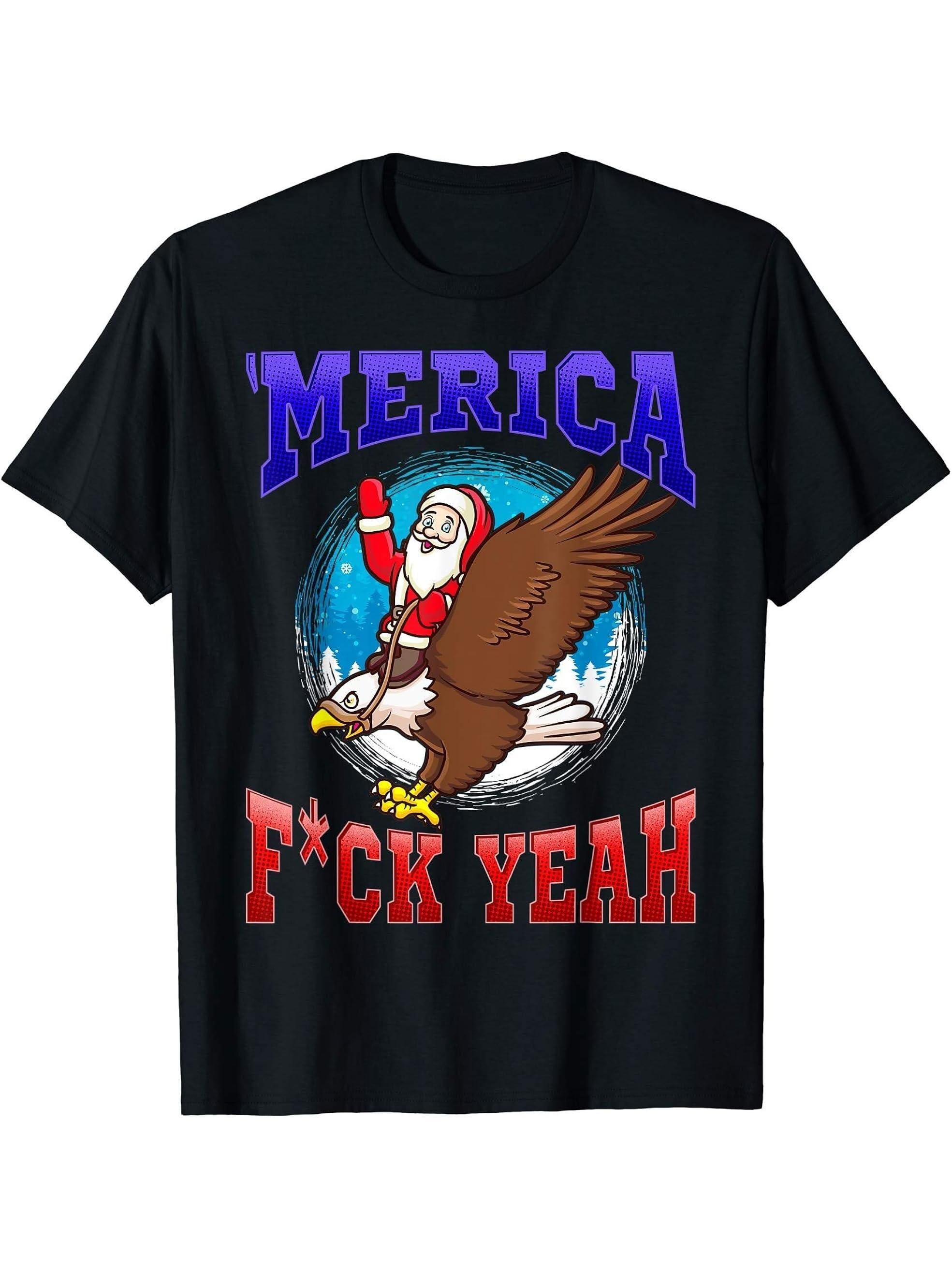 Christmas Santa Claus American Bald Eagle America Fuck Yeah T-Shirt 180G 100% Cotton Printed Round Neck Short-Sleeve T-Shirt, Gifts for Men Dad Husband Grandpa, S-XXXL, Black