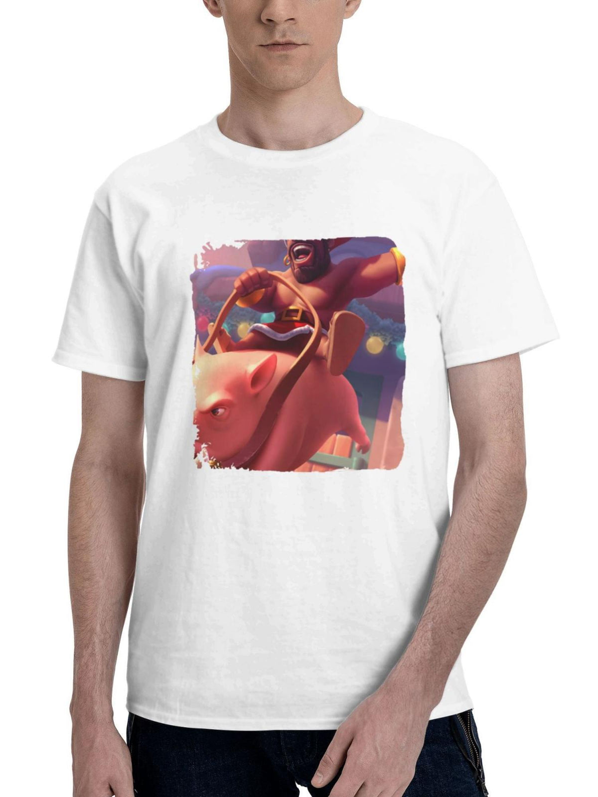 Clash Royale Santa Hog Rider 180G 100% Cotton Printed Round Neck Short-Sleeve T-Shirt, Gifts for Men Dad Husband Grandpa, S-XXXL, White