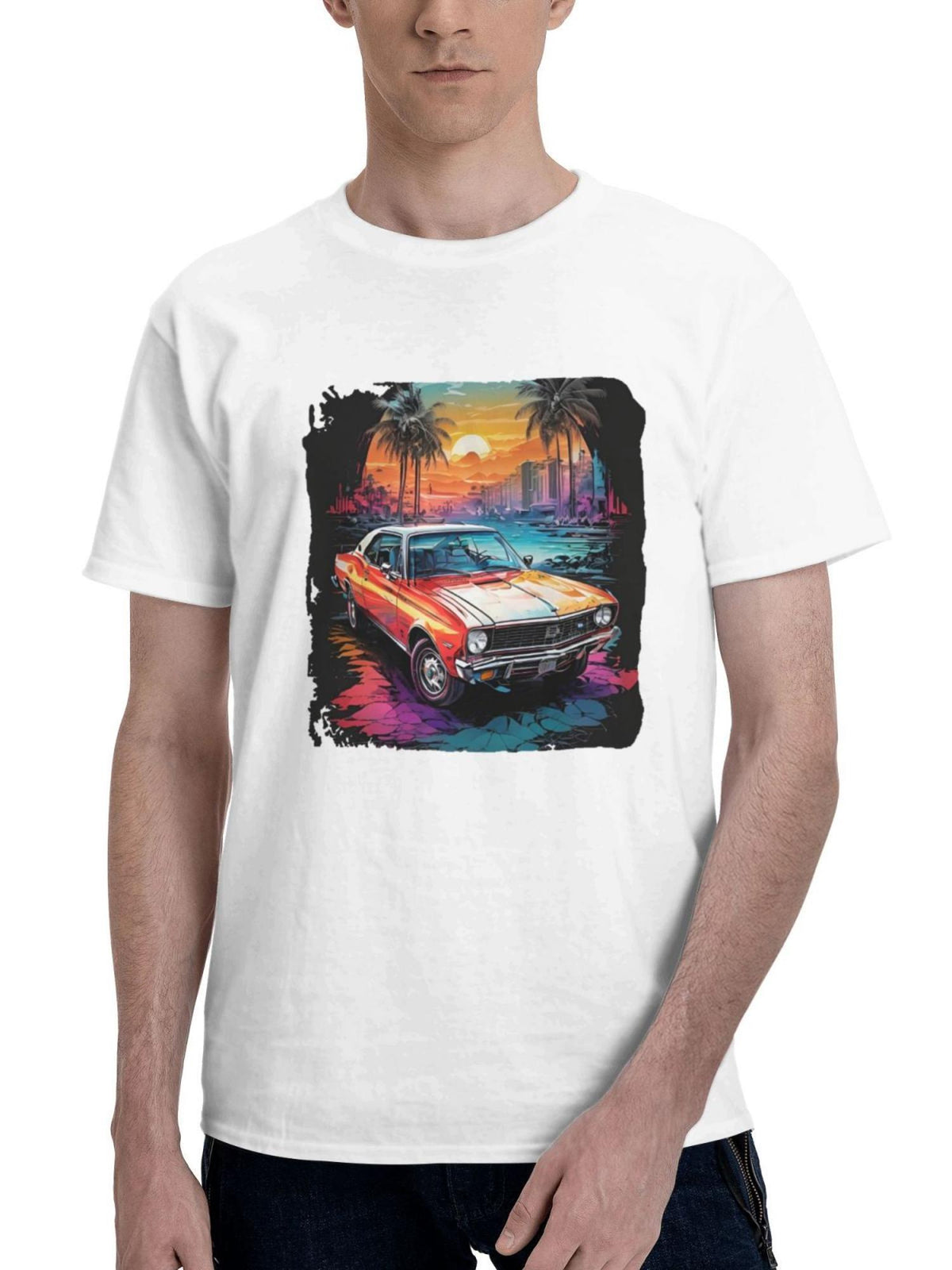 Classic Car Miami Vibes Minimal 180G 100% Cotton Printed Round Neck Short-Sleeve T-Shirt, Gifts for Men Dad Husband Grandpa, S-XXXL, White