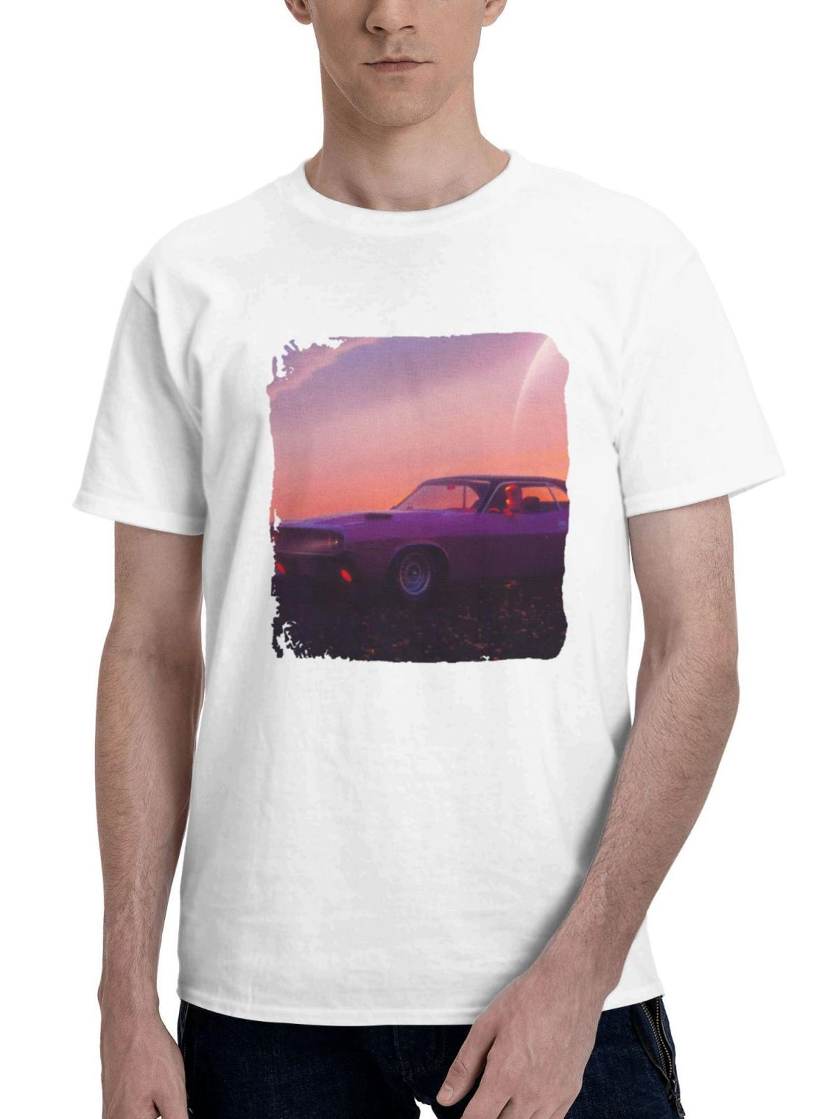 Classic Car Outrun 180G 100% Cotton Printed Round Neck Short-Sleeve T-Shirt, Gifts for Men Dad Husband Grandpa, S-XXXL, White