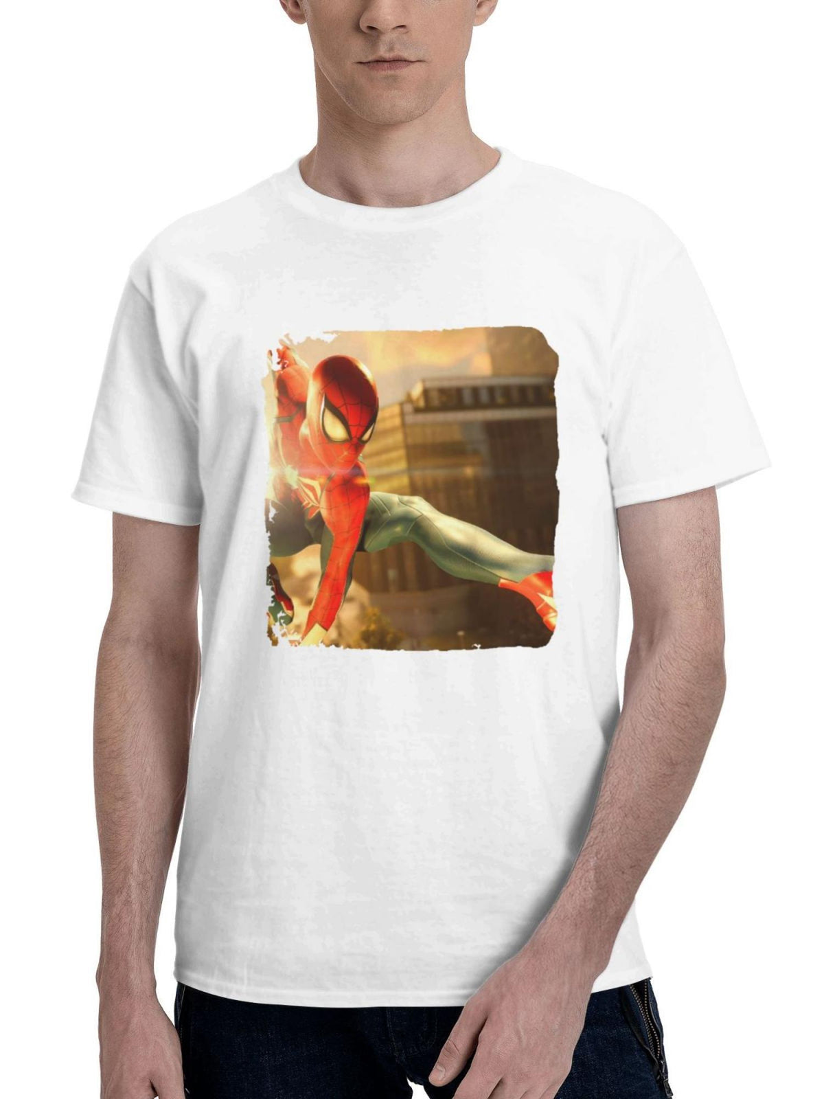 Classic Spidey Swings Spiderman 2 Ps5 180G 100% Cotton Printed Round Neck Short-Sleeve T-Shirt, Gifts for Men Dad Husband Grandpa, S-XXXL, White