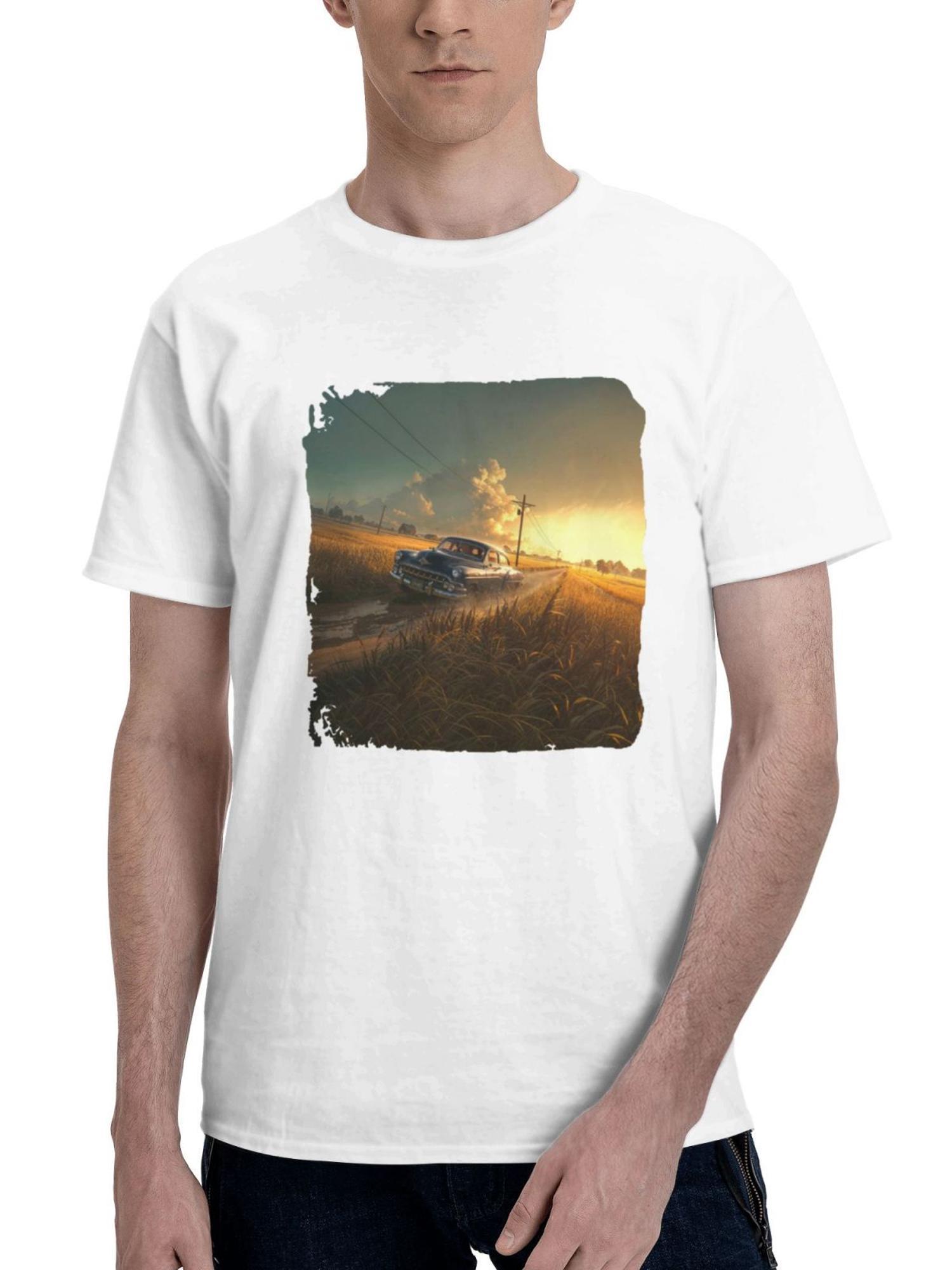 Classical Car 180G 100% Cotton Printed Round Neck Short-Sleeve T-Shirt, Gifts for Men Dad Husband Grandpa, S-XXXL, White