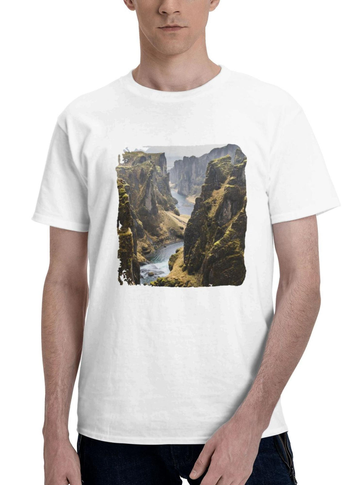 Cliff Aerial Mountains 180G 100% Cotton Printed Round Neck Short-Sleeve T-Shirt, Gifts for Men Dad Husband Grandpa, S-XXXL, White