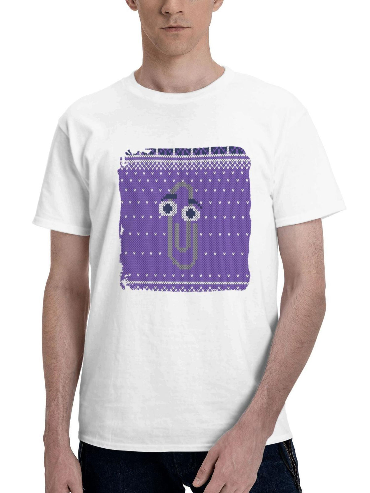 Clippy 180G 100% Cotton Printed Round Neck Short-Sleeve T-Shirt, Gifts for Men Dad Husband Grandpa, S-XXXL, White