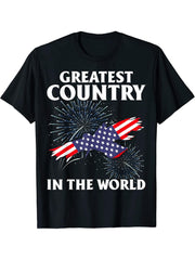 Fireworks US Flag Greatest Country Bald Eagle 4th Of July T-Shirt 180G 100% Cotton Printed Round Neck Short-Sleeve T-Shirt, Gifts for Men Dad Husband Grandpa, S-XXXL, Black