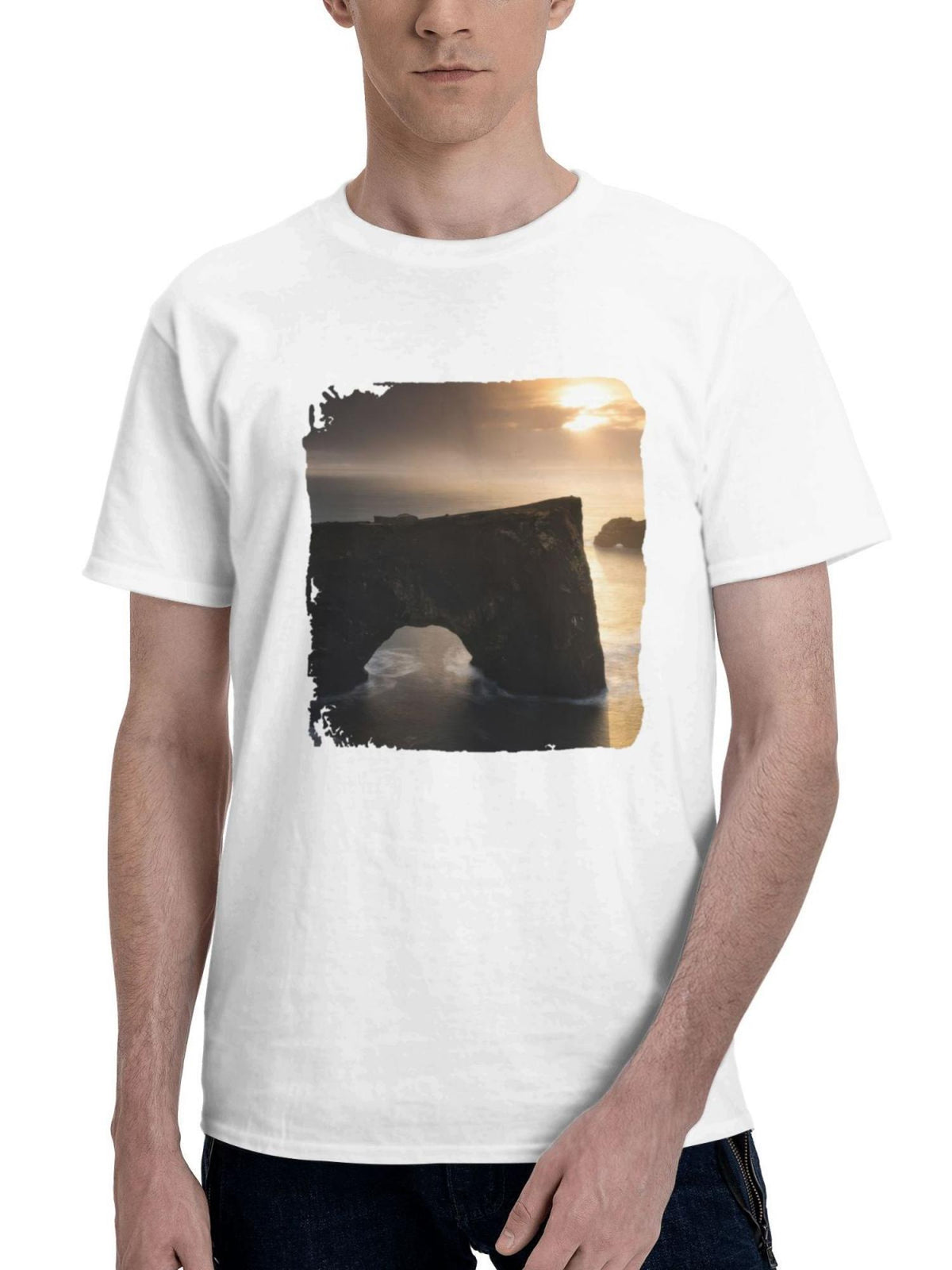 Clouds Mountains Iceland 180G 100% Cotton Printed Round Neck Short-Sleeve T-Shirt, Gifts for Men Dad Husband Grandpa, S-XXXL, White