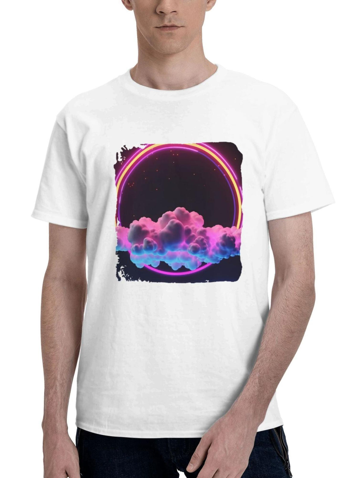 Clouds Neon Rings Dark 180G 100% Cotton Printed Round Neck Short-Sleeve T-Shirt, Gifts for Men Dad Husband Grandpa, S-XXXL, White