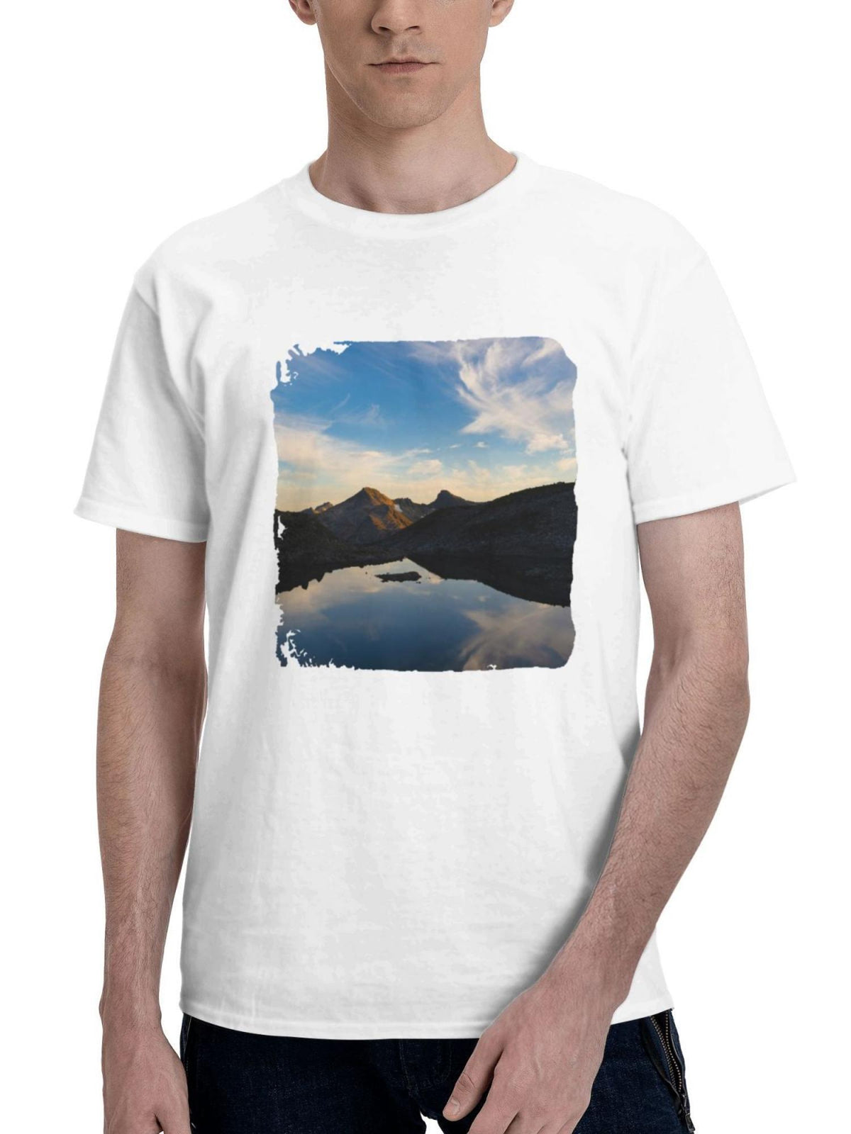 Clouds Sky Water Mountains 180G 100% Cotton Printed Round Neck Short-Sleeve T-Shirt, Gifts for Men Dad Husband Grandpa, S-XXXL, White