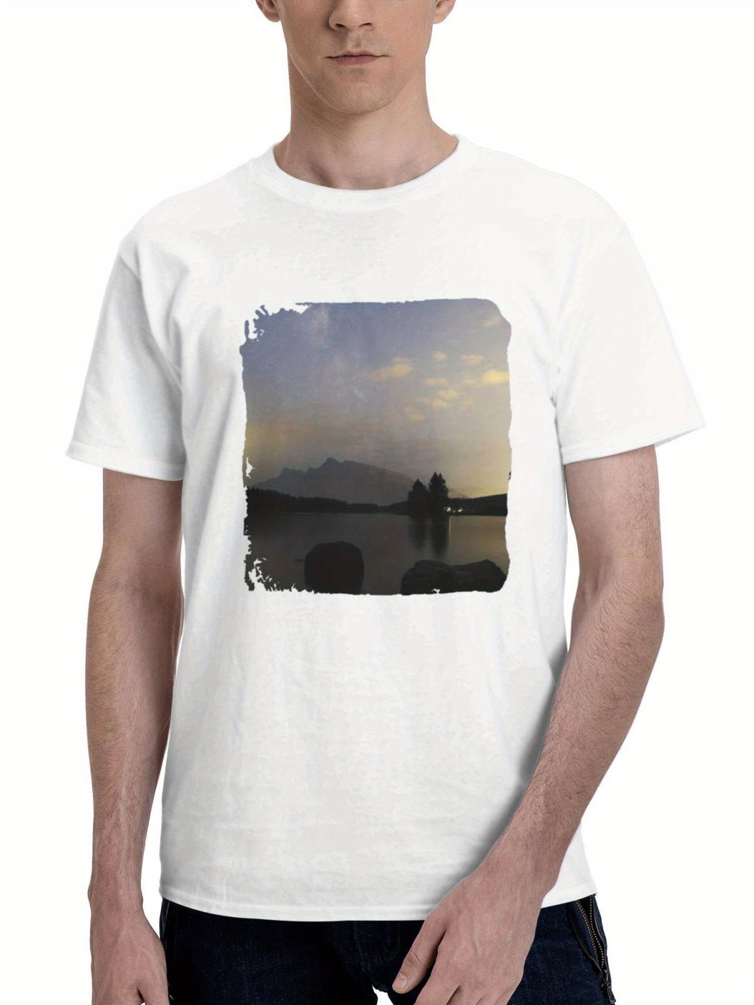 Cloudy Mountains Night 180G 100% Cotton Printed Round Neck Short-Sleeve T-Shirt, Gifts for Men Dad Husband Grandpa, S-XXXL, White