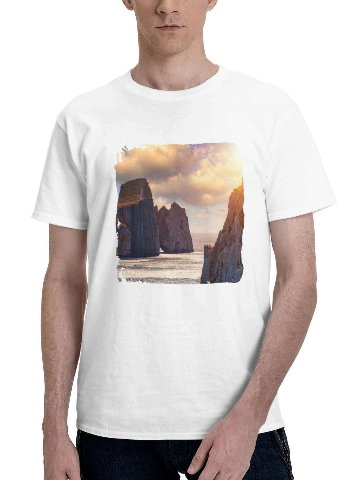 Coastal Marvel Sweetbread Sea Stacks In Masua 180G 100% Cotton Printed Round Neck Short-Sleeve T-Shirt, Gifts for Men Dad Husband Grandpa, S-XXXL, White