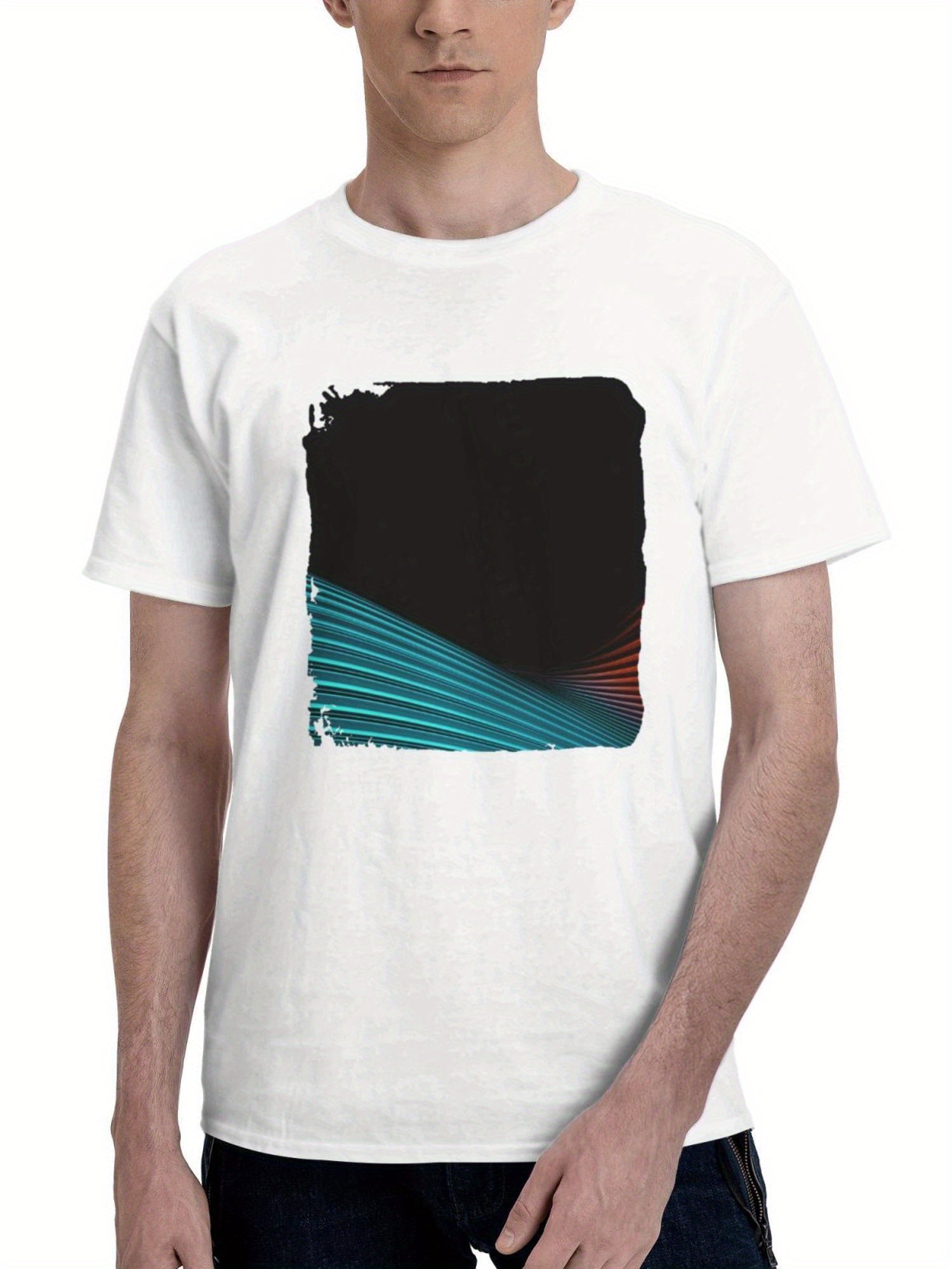 Colorful 3d Lines Abstract Oled 180G 100% Cotton Printed Round Neck Short-Sleeve T-Shirt, Gifts for Men Dad Husband Grandpa, S-XXXL, White