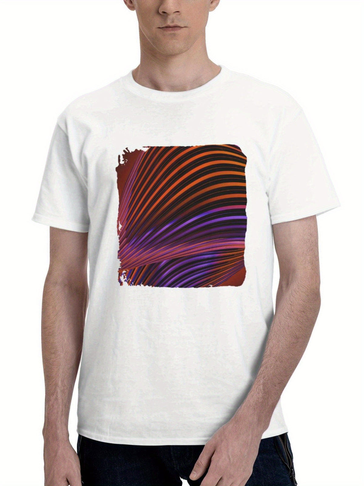 Colorful 3d Lines Abstract 180G 100% Cotton Printed Round Neck Short-Sleeve T-Shirt, Gifts for Men Dad Husband Grandpa, S-XXXL, White