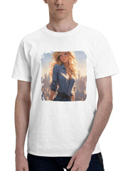 Beautiful Anime Girl Around Boats At Side Pier 180G 100% Cotton Printed Round Neck Short-Sleeve T-Shirt, Gifts for Men Dad Husband Grandpa, S-XXXL, White