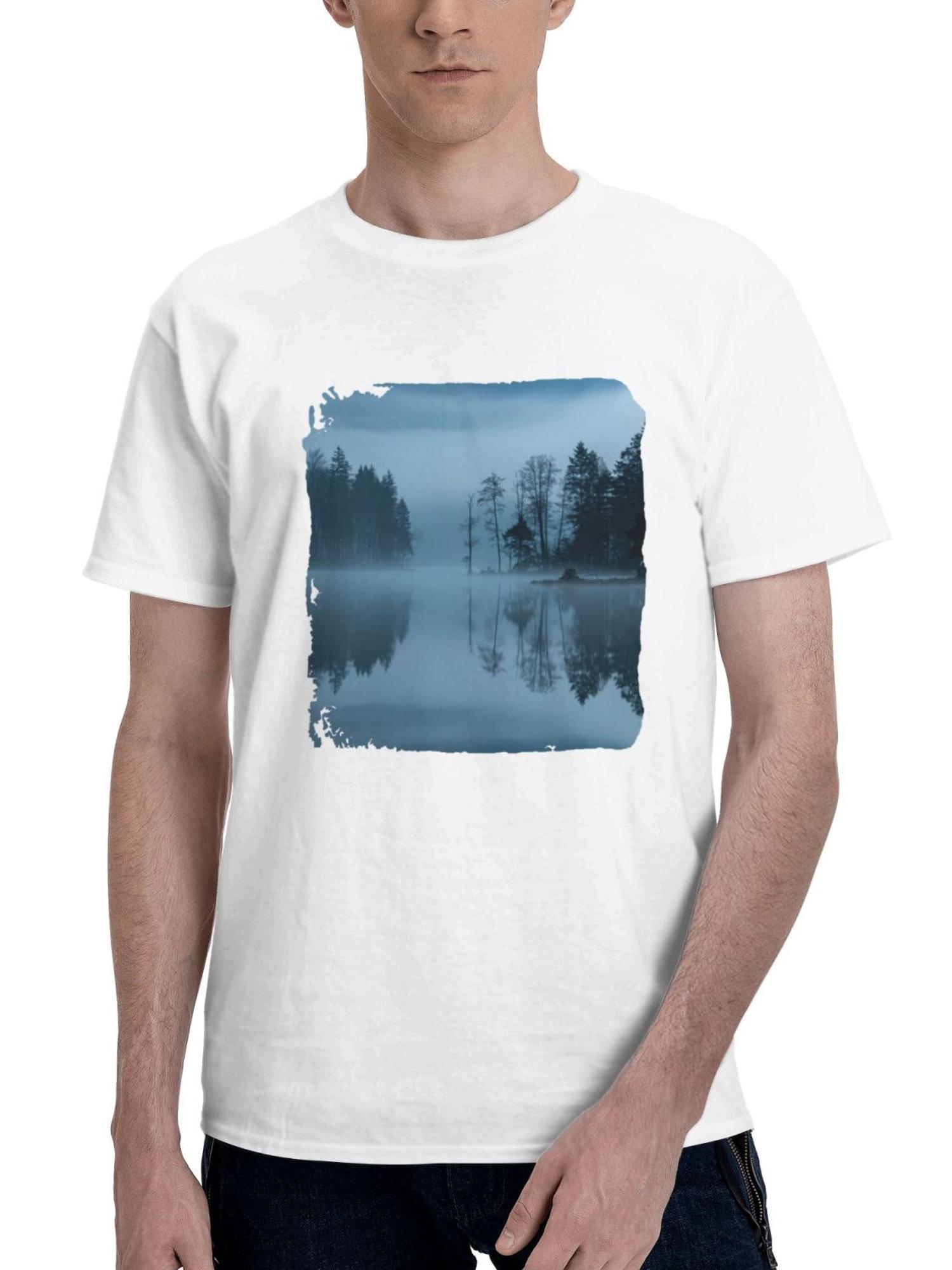 Beautiful Calm Reflection Of Nature 180G 100% Cotton Printed Round Neck Short-Sleeve T-Shirt, Gifts for Men Dad Husband Grandpa, S-XXXL, White