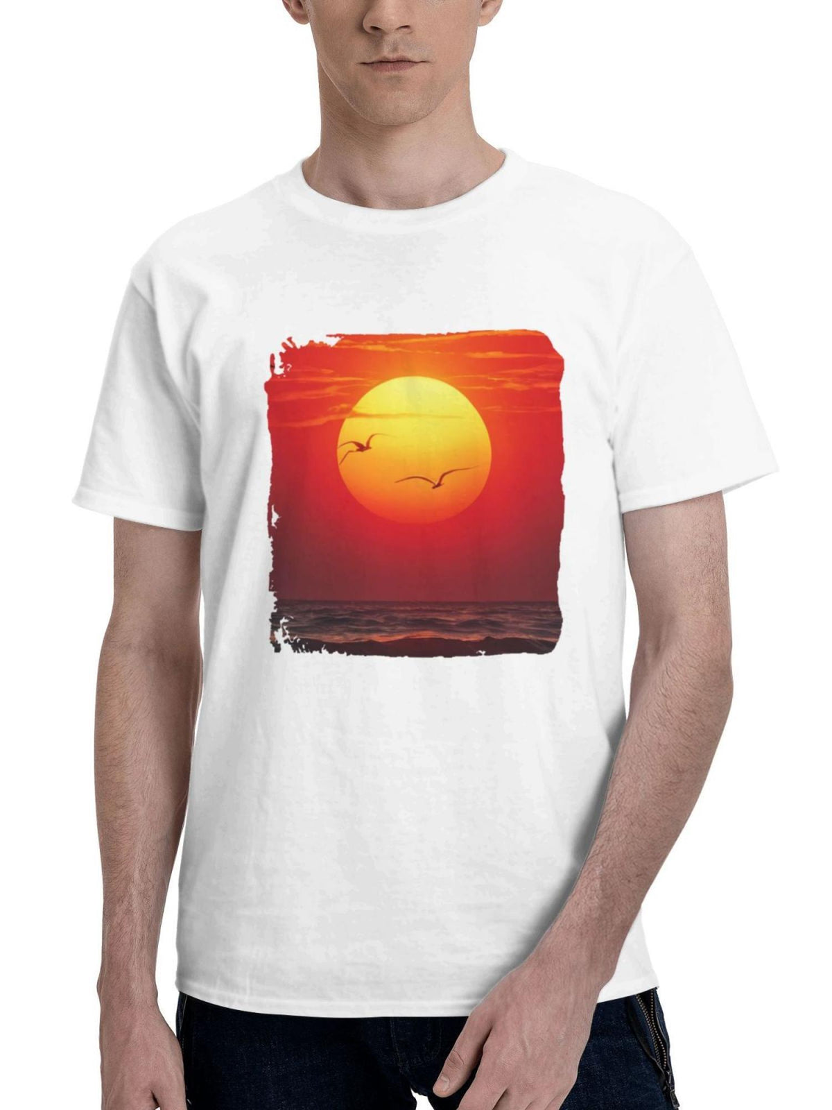 Breathtaking Beauty Birds And Sunset In Harmony 180G 100% Cotton Printed Round Neck Short-Sleeve T-Shirt, Gifts for Men Dad Husband Grandpa, S-XXXL, White