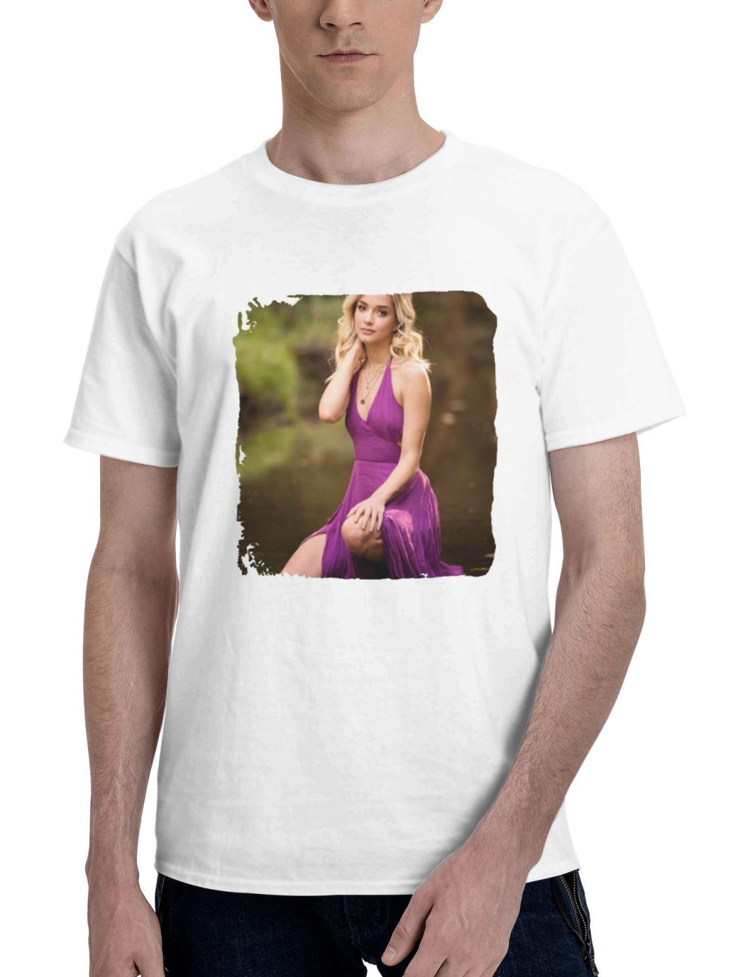 Beautiful Girl In A Purple Dress Looking At Viewer 180G 100% Cotton Printed Round Neck Short-Sleeve T-Shirt, Gifts for Men Dad Husband Grandpa, S-XXXL, White