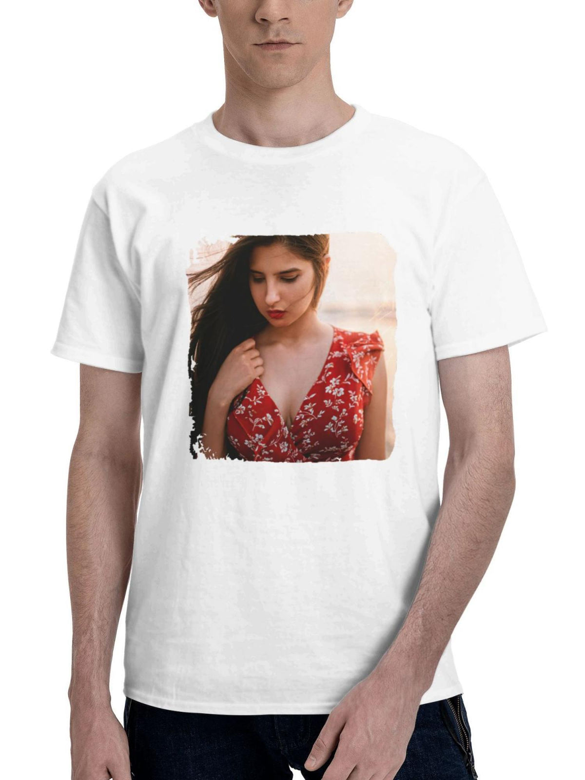 Beautiful Girl Long Hairs Looking Down 180G 100% Cotton Printed Round Neck Short-Sleeve T-Shirt, Gifts for Men Dad Husband Grandpa, S-XXXL, White