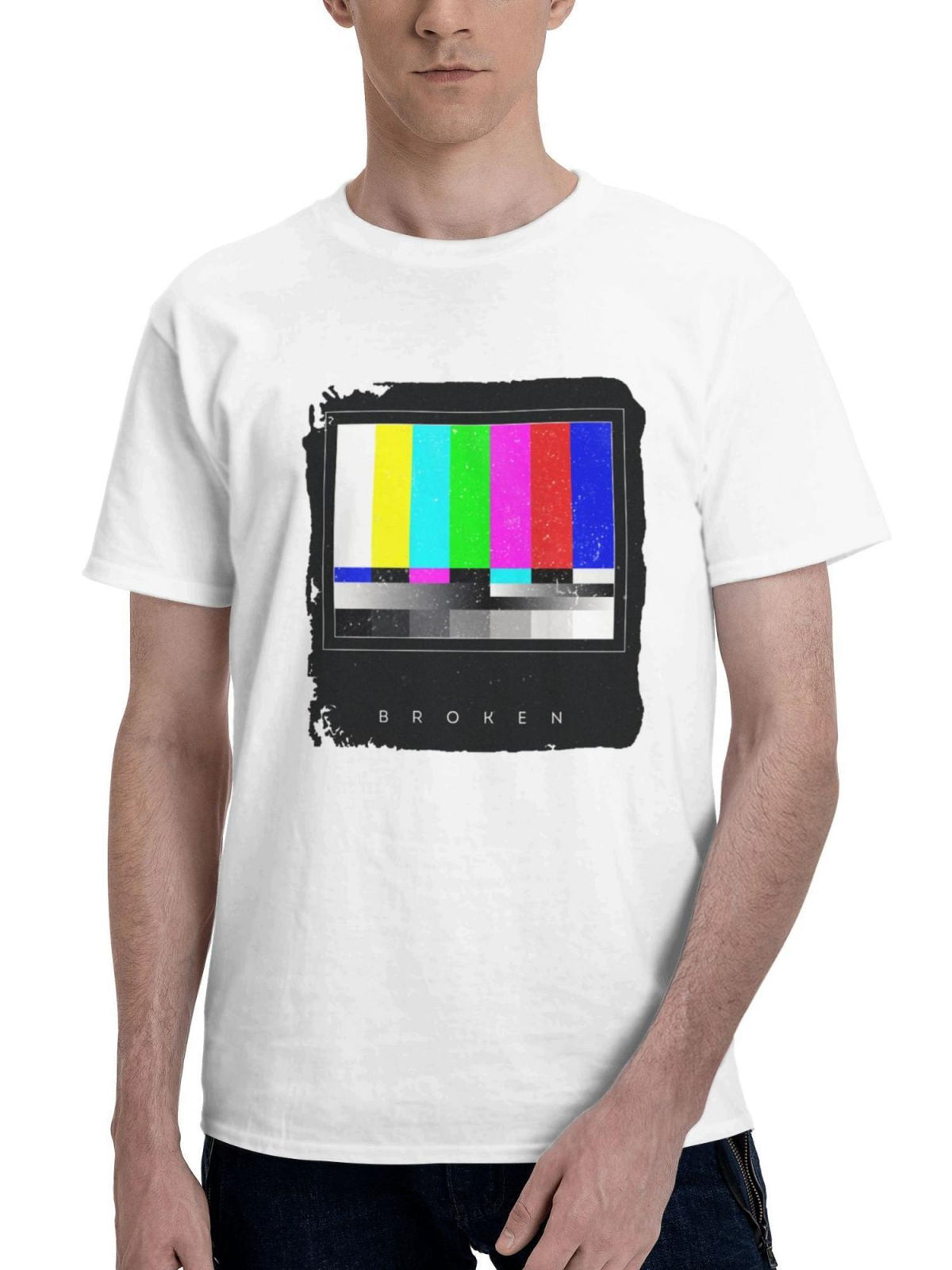Broken Tv 180G 100% Cotton Printed Round Neck Short-Sleeve T-Shirt, Gifts for Men Dad Husband Grandpa, S-XXXL, White