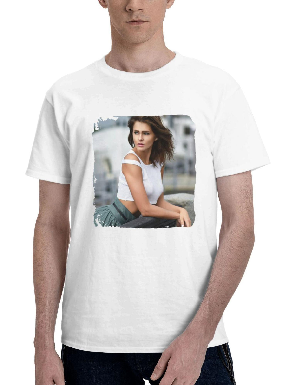 Beautiful Girl Looking Away 180G 100% Cotton Printed Round Neck Short-Sleeve T-Shirt, Gifts for Men Dad Husband Grandpa, S-XXXL, White