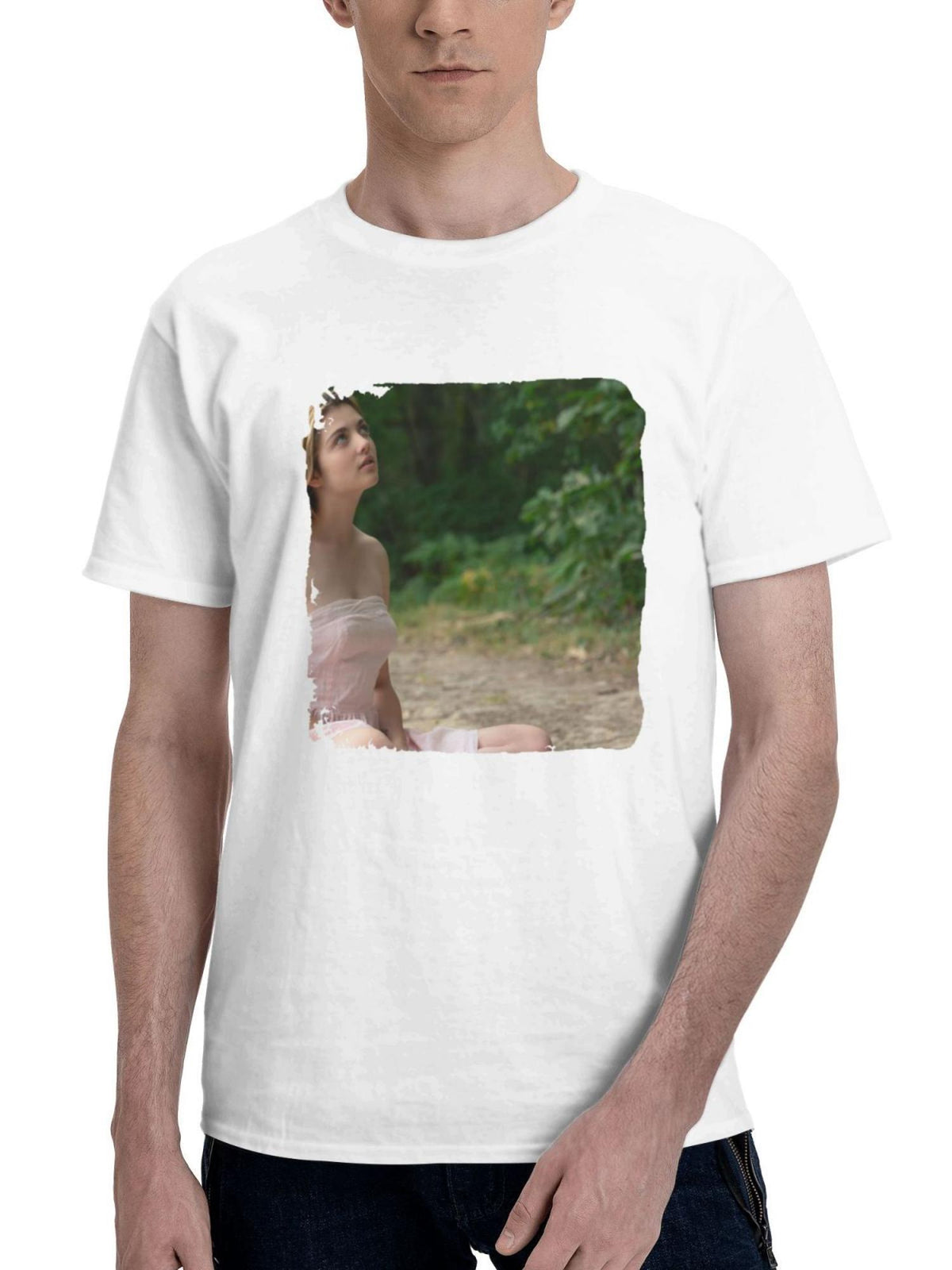 Beautiful Girl Sitting 180G 100% Cotton Printed Round Neck Short-Sleeve T-Shirt, Gifts for Men Dad Husband Grandpa, S-XXXL, White