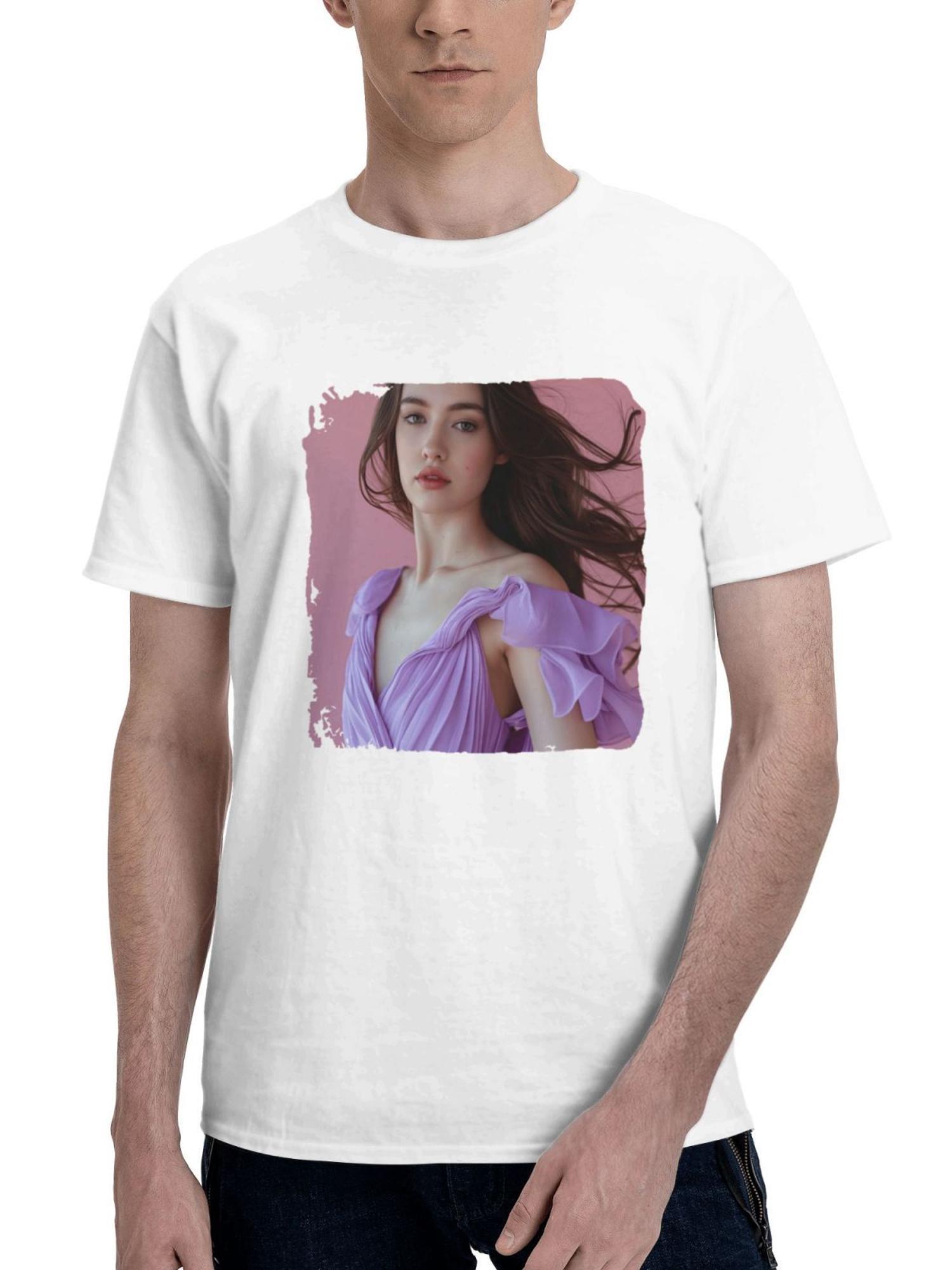 Beautiful Girl With Flowing Hair 180G 100% Cotton Printed Round Neck Short-Sleeve T-Shirt, Gifts for Men Dad Husband Grandpa, S-XXXL, White