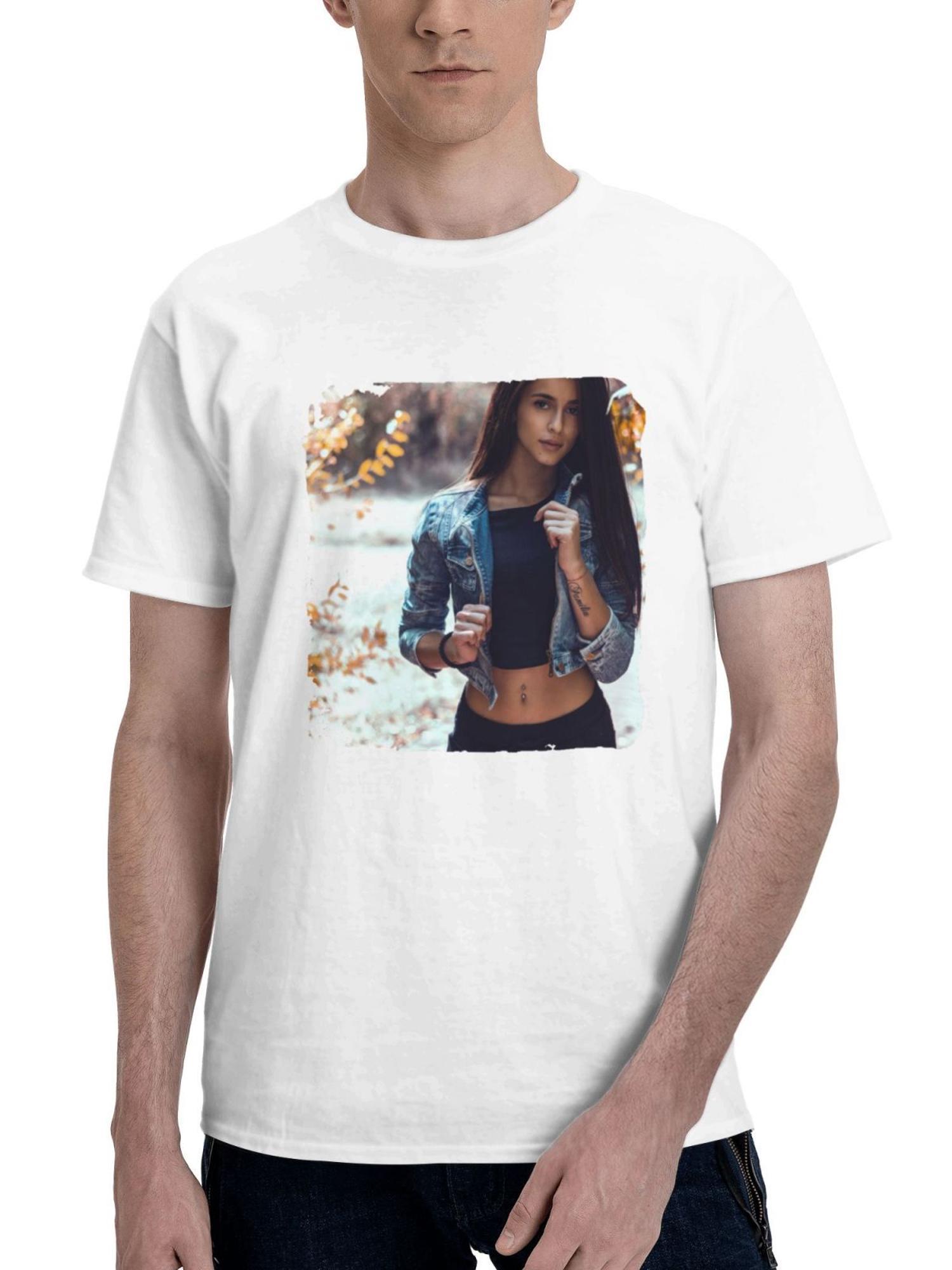 Brown Eyes Tatto Girl Pierced Navel 180G 100% Cotton Printed Round Neck Short-Sleeve T-Shirt, Gifts for Men Dad Husband Grandpa, S-XXXL, White