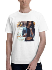 Brown Eyes Tatto Girl Pierced Navel 180G 100% Cotton Printed Round Neck Short-Sleeve T-Shirt, Gifts for Men Dad Husband Grandpa, S-XXXL, White