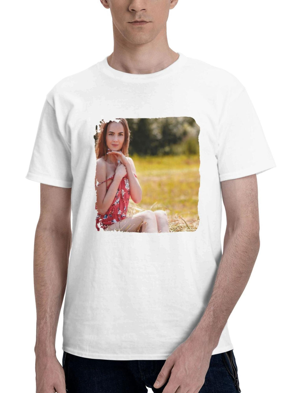 Brown Haired Girl Sitting In A Dress Surrounded By Bokeh And Hay 180G 100% Cotton Printed Round Neck Short-Sleeve T-Shirt, Gifts for Men Dad Husband Grandpa, S-XXXL, White