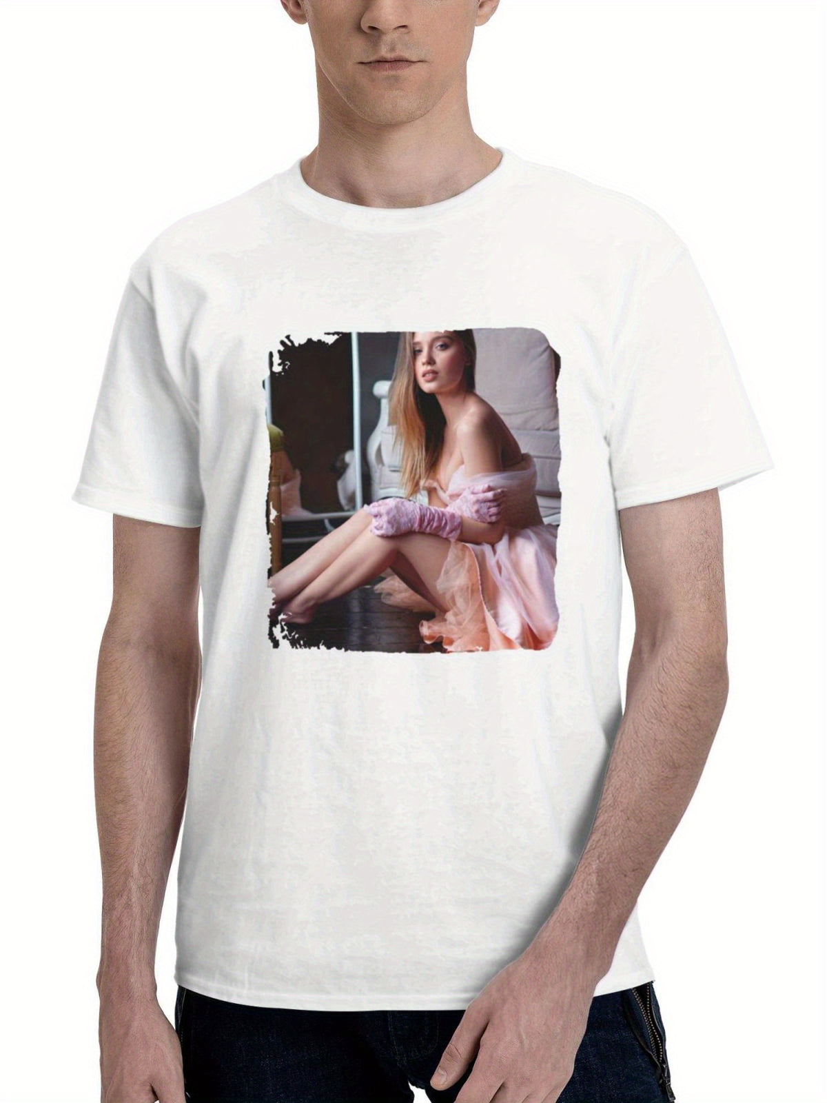 Brown Haired Sitting In Proper Dress 180G 100% Cotton Printed Round Neck Short-Sleeve T-Shirt, Gifts for Men Dad Husband Grandpa, S-XXXL, White