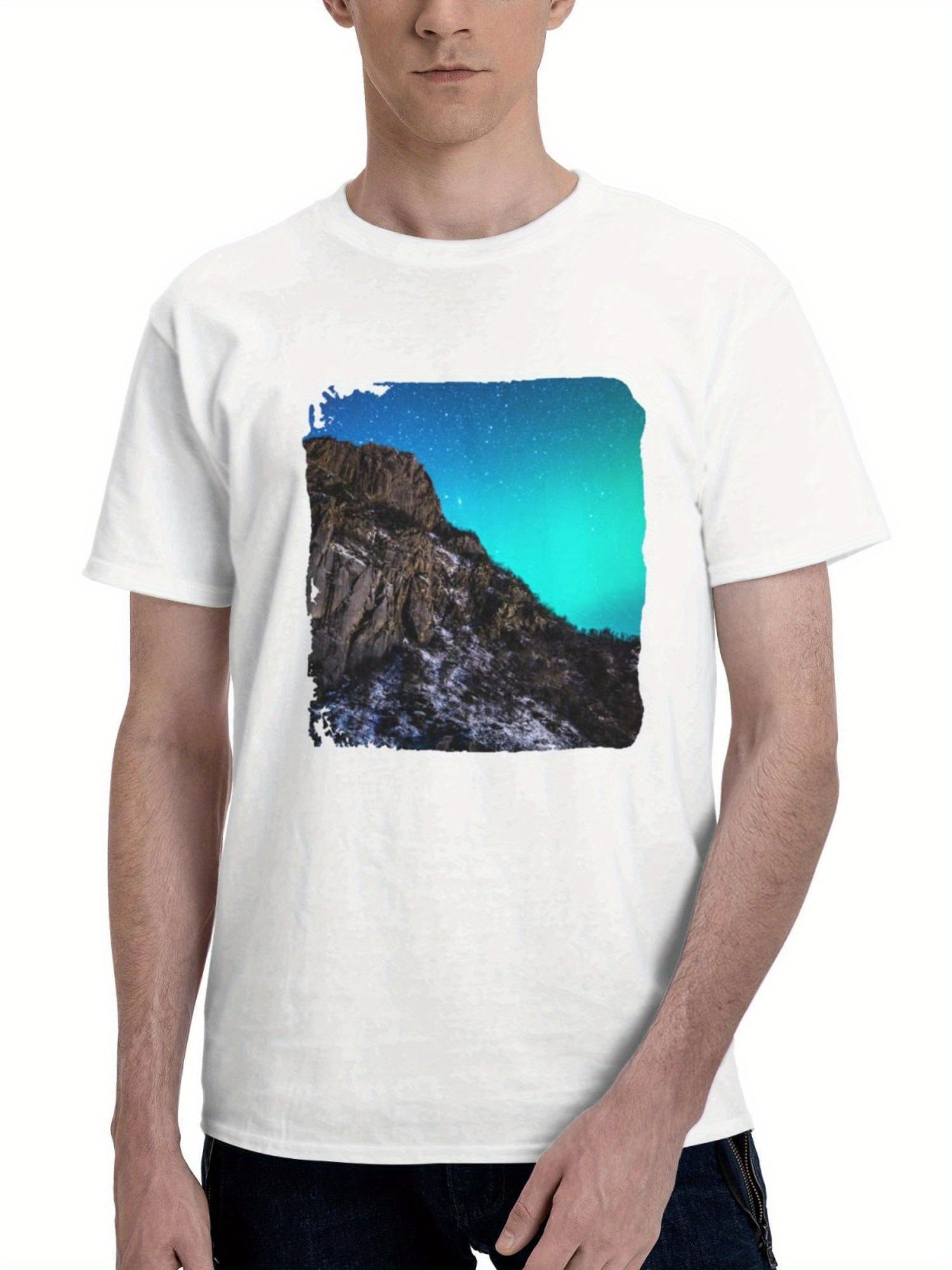 Brown Rocky Mountains Under Blue Sky 180G 100% Cotton Printed Round Neck Short-Sleeve T-Shirt, Gifts for Men Dad Husband Grandpa, S-XXXL, White