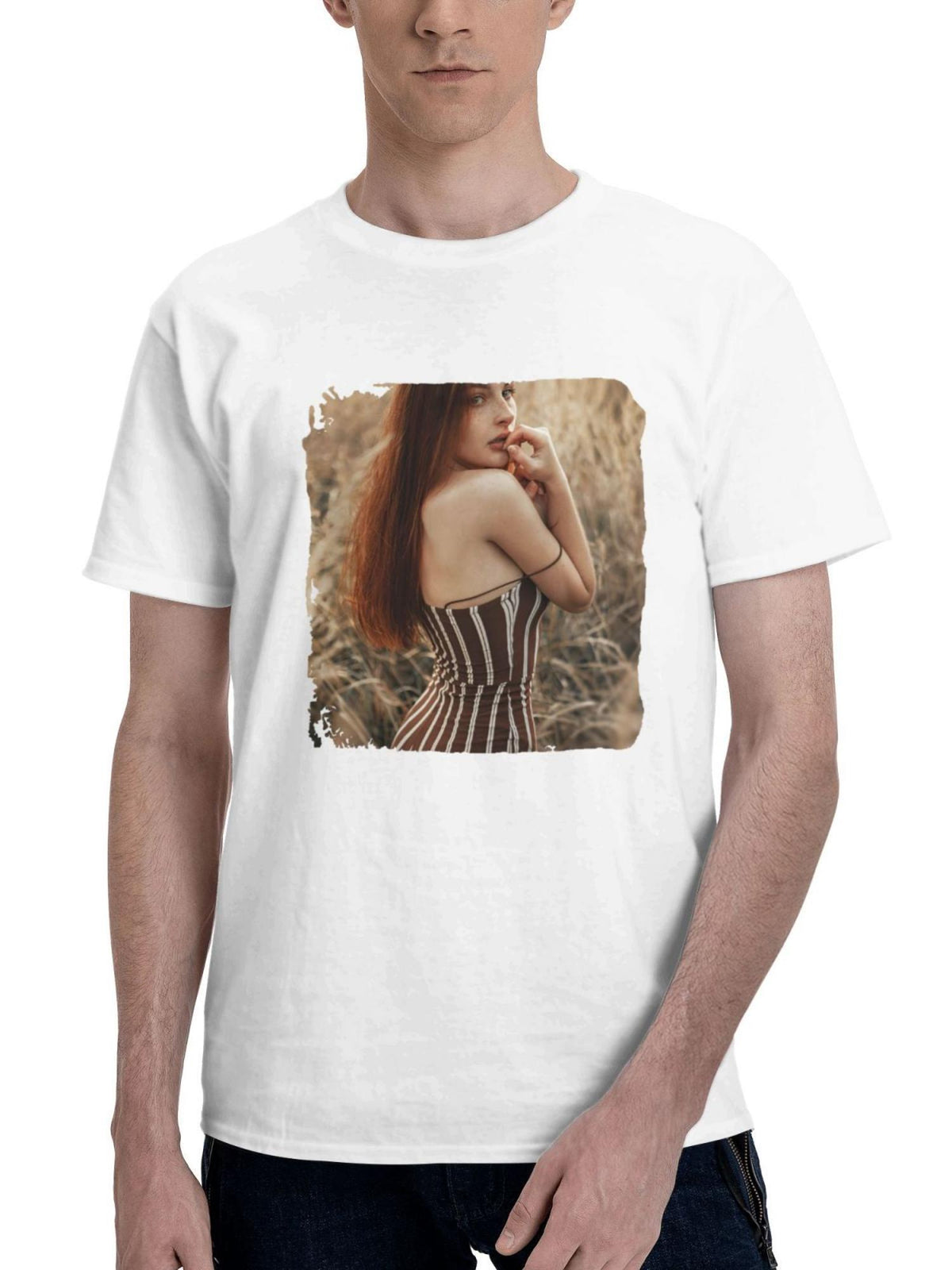 Beautiful Women In Field Looking At Viewer 180G 100% Cotton Printed Round Neck Short-Sleeve T-Shirt, Gifts for Men Dad Husband Grandpa, S-XXXL, White