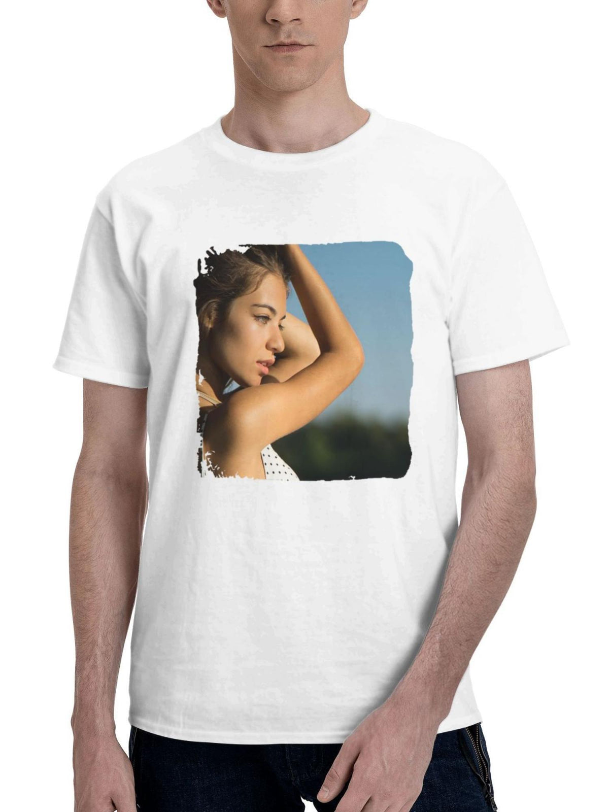 Brunette Girl Adjusting Hairs 180G 100% Cotton Printed Round Neck Short-Sleeve T-Shirt, Gifts for Men Dad Husband Grandpa, S-XXXL, White