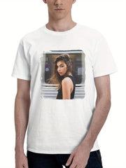 Brunette Girl Hair Blowing Subway 180G 100% Cotton Printed Round Neck Short-Sleeve T-Shirt, Gifts for Men Dad Husband Grandpa, S-XXXL, White