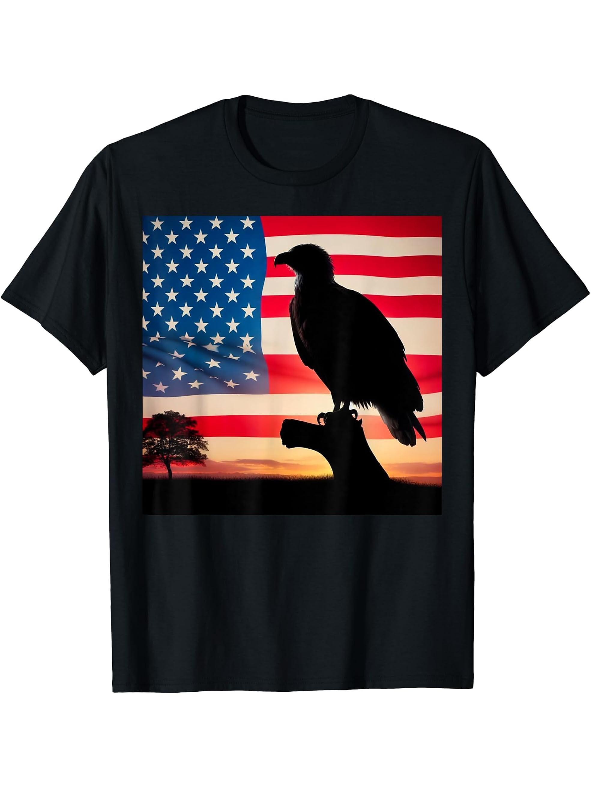 Freedom's Wings: Bald Eagle & American Flag Silhouette T-Shirt 180G 100% Cotton Printed Round Neck Short-Sleeve T-Shirt, Gifts for Men Dad Husband Grandpa, S-XXXL, Black