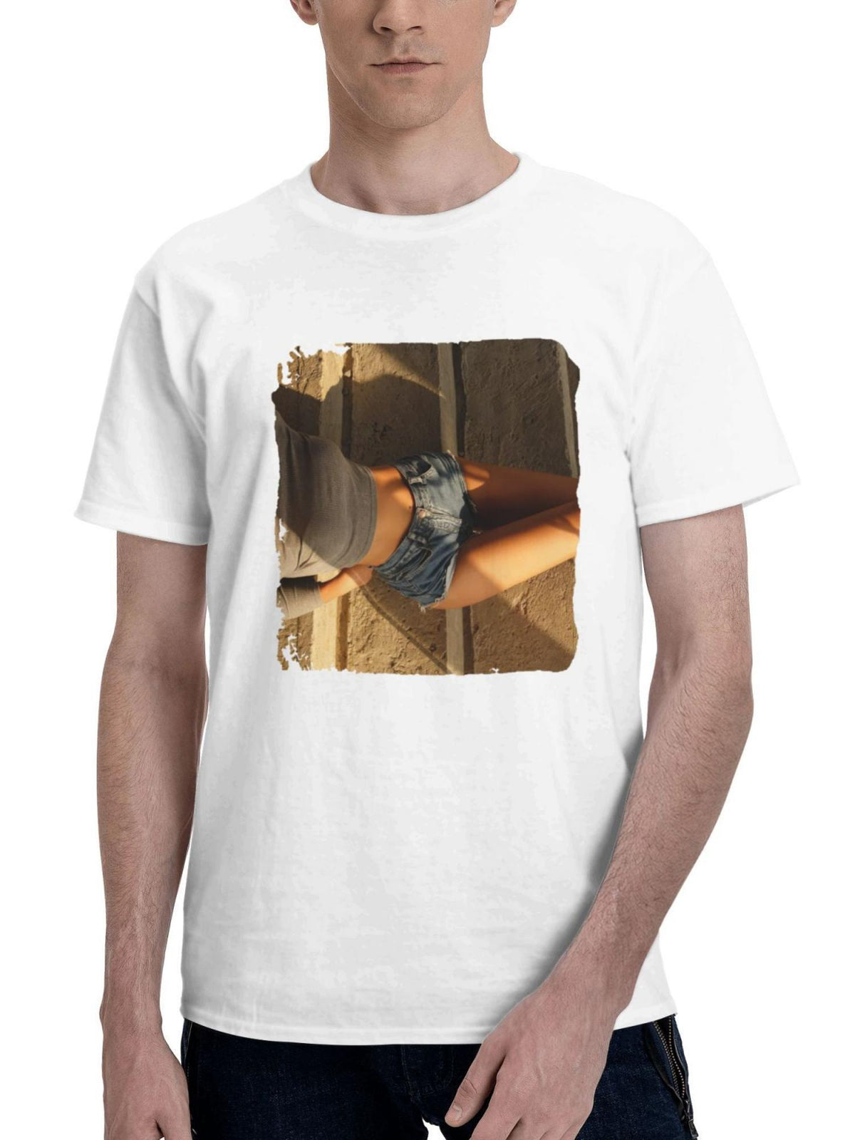 Brunette Girl Lying Down Gracefully In Shorts 180G 100% Cotton Printed Round Neck Short-Sleeve T-Shirt, Gifts for Men Dad Husband Grandpa, S-XXXL, White