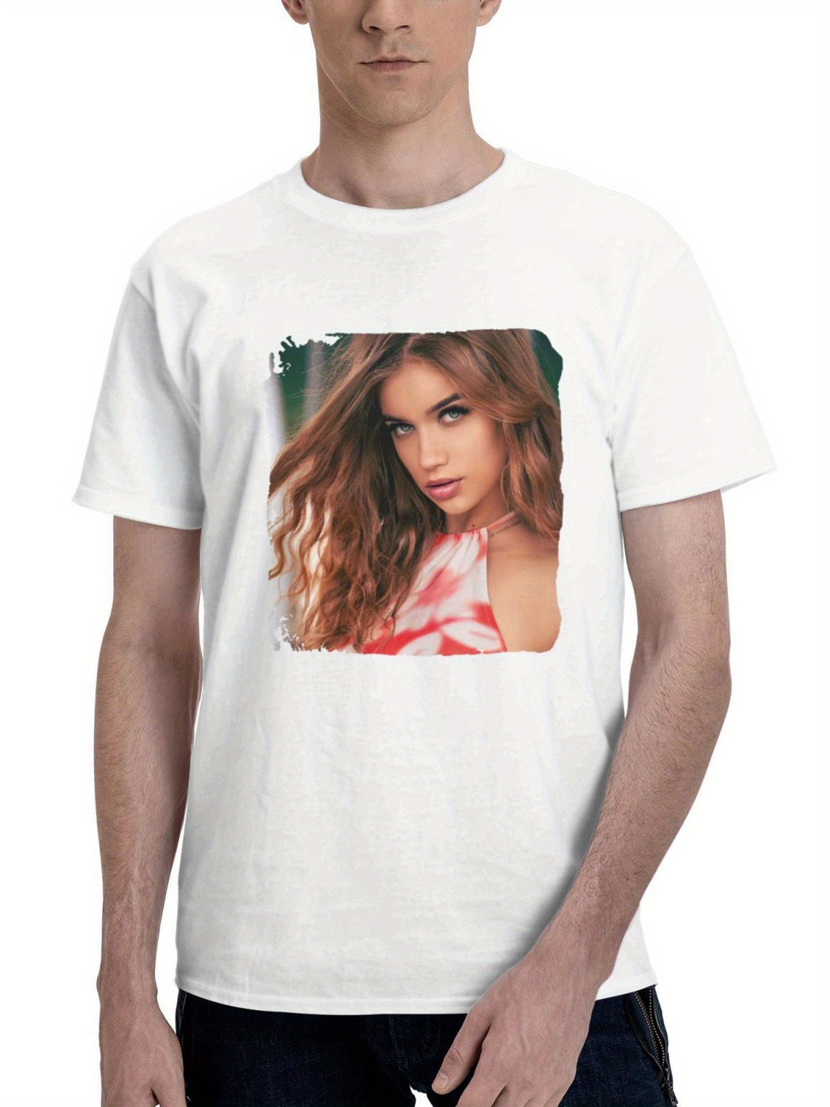 Brunette Girl Orange Dress 180G 100% Cotton Printed Round Neck Short-Sleeve T-Shirt, Gifts for Men Dad Husband Grandpa, S-XXXL, White