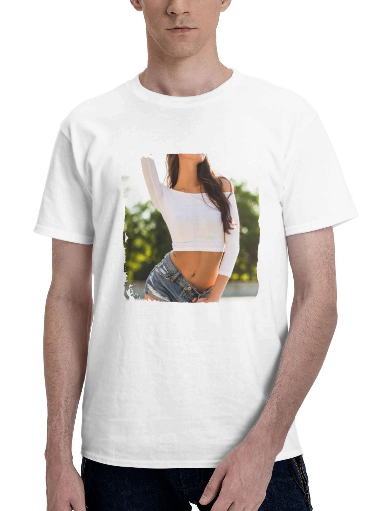 Brunette Girl Pose Glasses White Crop Top 180G 100% Cotton Printed Round Neck Short-Sleeve T-Shirt, Gifts for Men Dad Husband Grandpa, S-XXXL, White