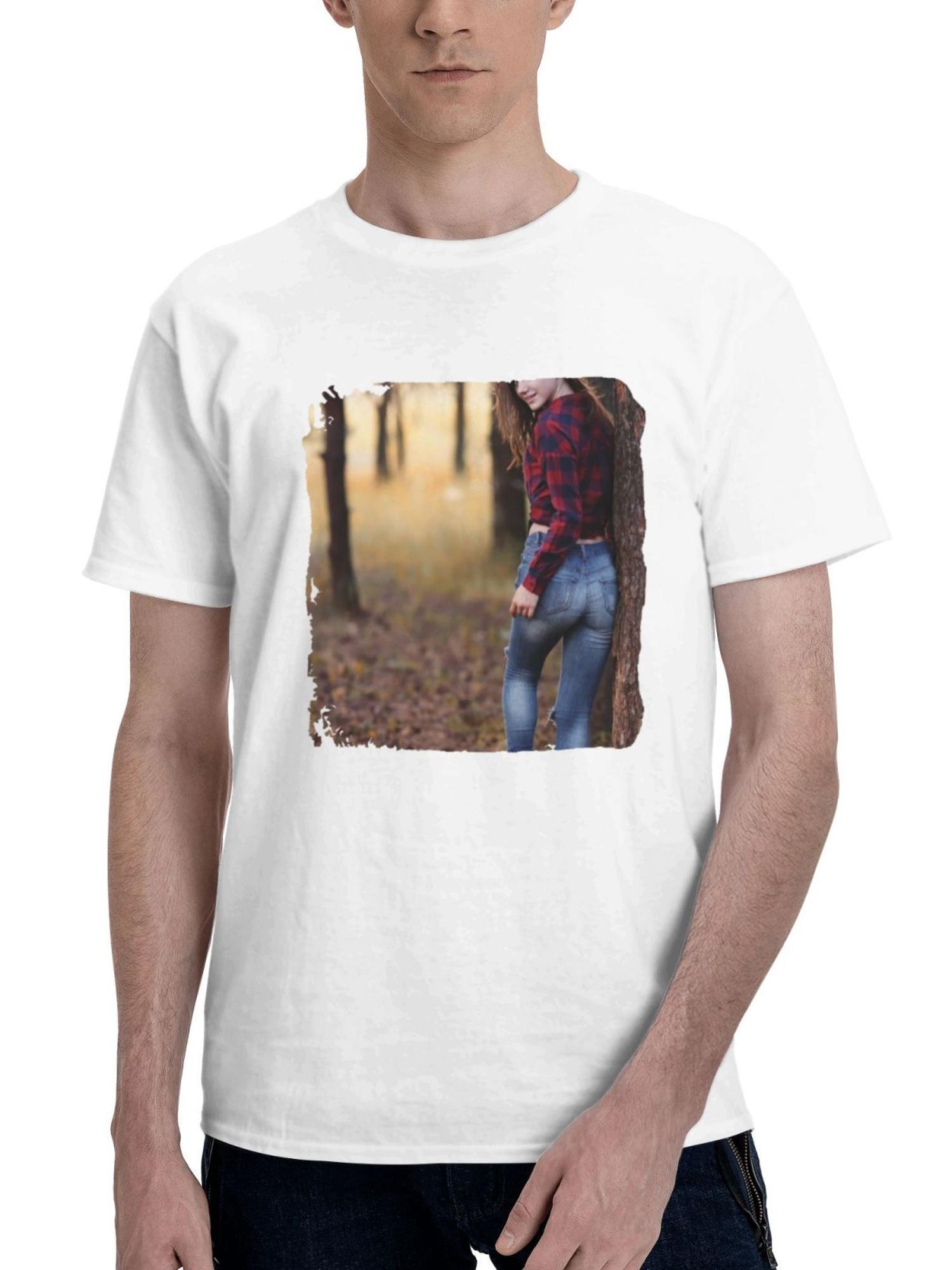 Brunette Jeans Girl Smiling Cute 180G 100% Cotton Printed Round Neck Short-Sleeve T-Shirt, Gifts for Men Dad Husband Grandpa, S-XXXL, White