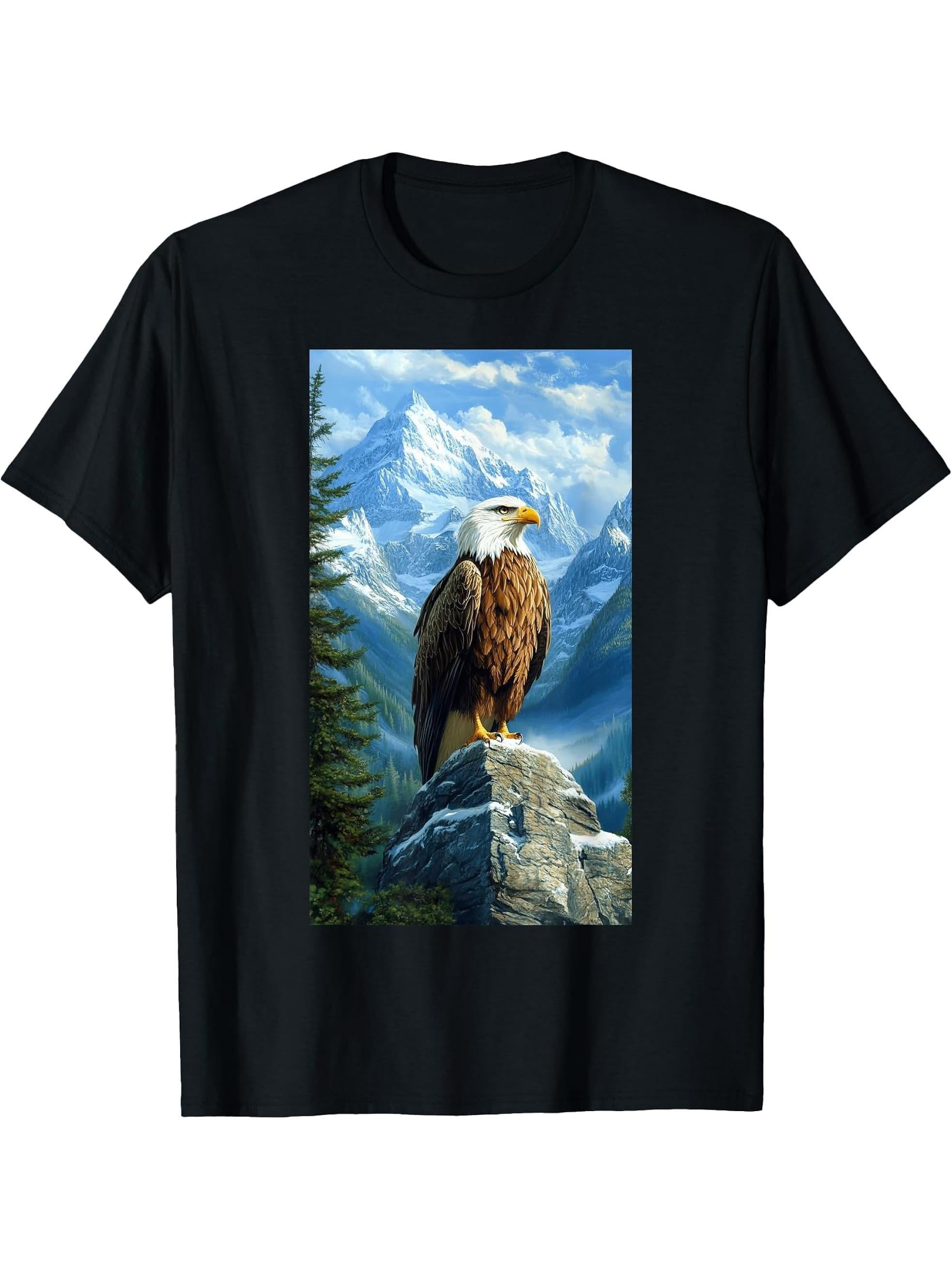 Bald Eagle Mountains Pine Trees Wildlife T-Shirt 180G 100% Cotton Printed Round Neck Short-Sleeve T-Shirt, Gifts for Men Dad Husband Grandpa, S-XXXL, Black