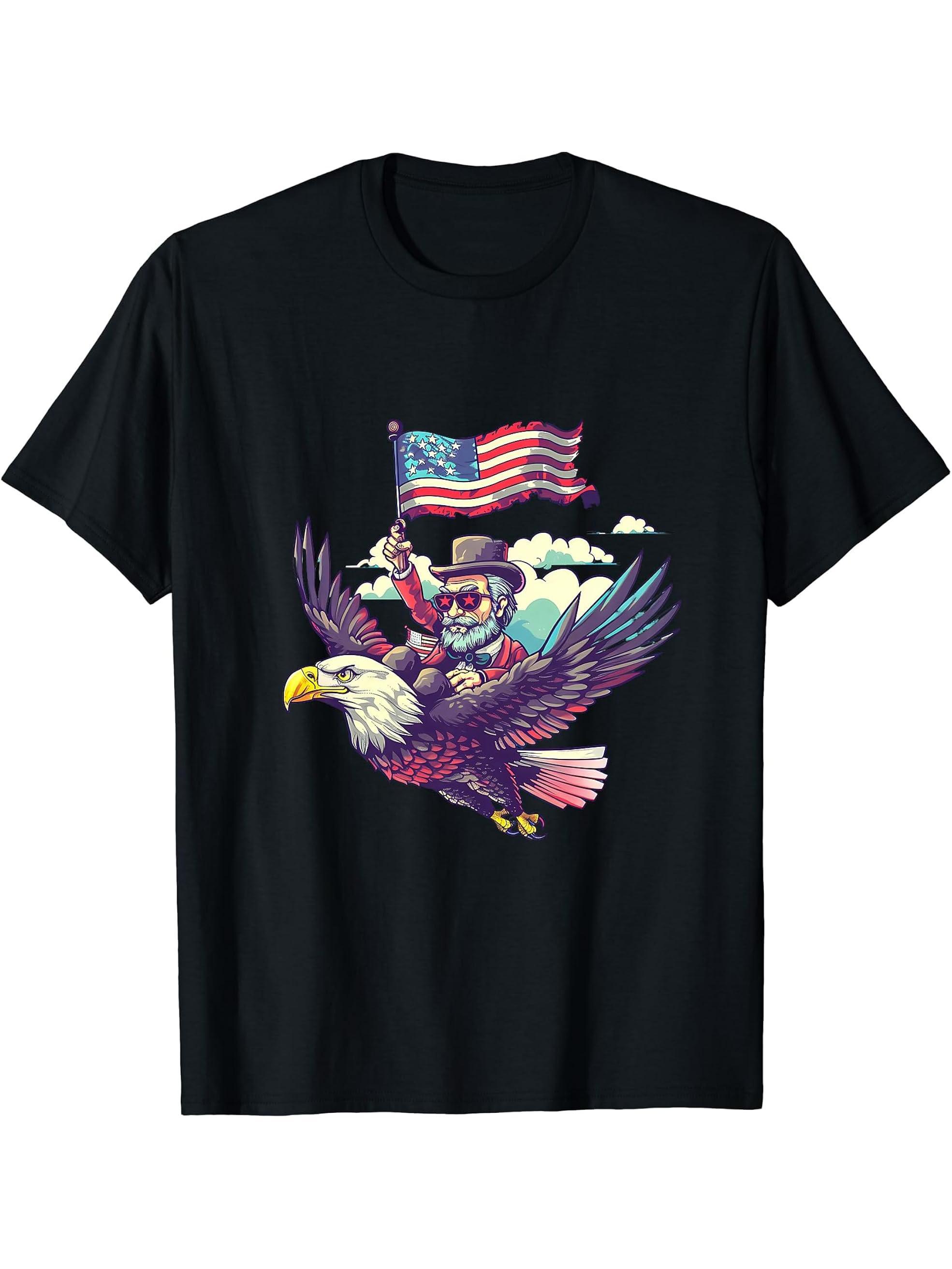 Fourth Of July Bald Eagle Abraham Lincoln 4th Of July USA T-Shirt 180G 100% Cotton Printed Round Neck Short-Sleeve T-Shirt, Gifts for Men Dad Husband Grandpa, S-XXXL, Black