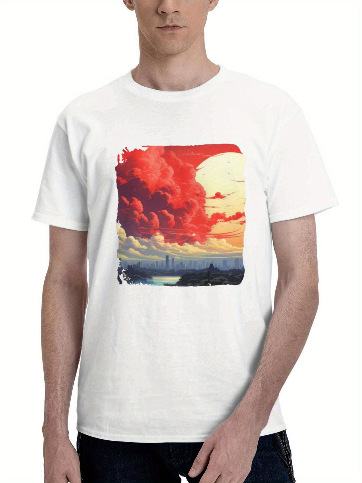 Beneath A Breathtaking Cityscape 180G 100% Cotton Printed Round Neck Short-Sleeve T-Shirt, Gifts for Men Dad Husband Grandpa, S-XXXL, White