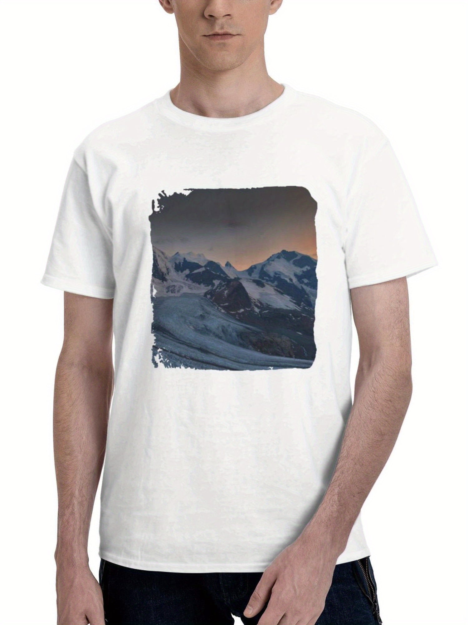 Bernina Mountains And Blood Moon Switzerland 180G 100% Cotton Printed Round Neck Short-Sleeve T-Shirt, Gifts for Men Dad Husband Grandpa, S-XXXL, White